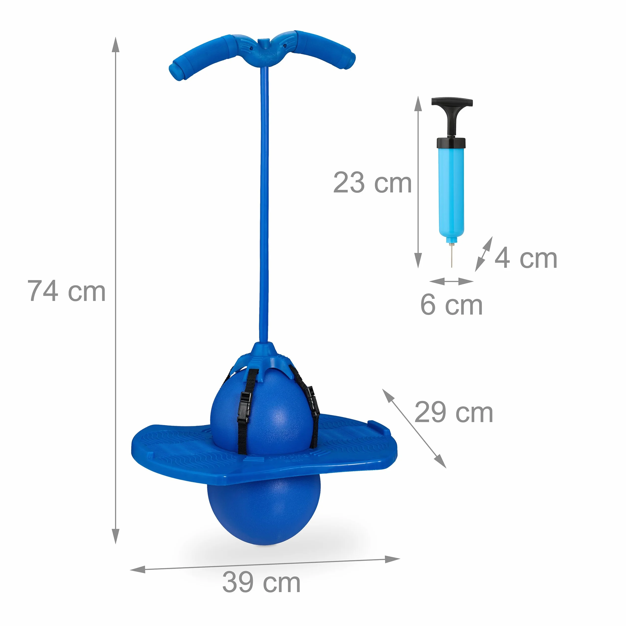 Relaxdays Salterello per Bambini, Pogo Stick con Palla Salta-Salta e Manici, 100 kg, 74x39x29 cm, Gioco da Esterno, Blu