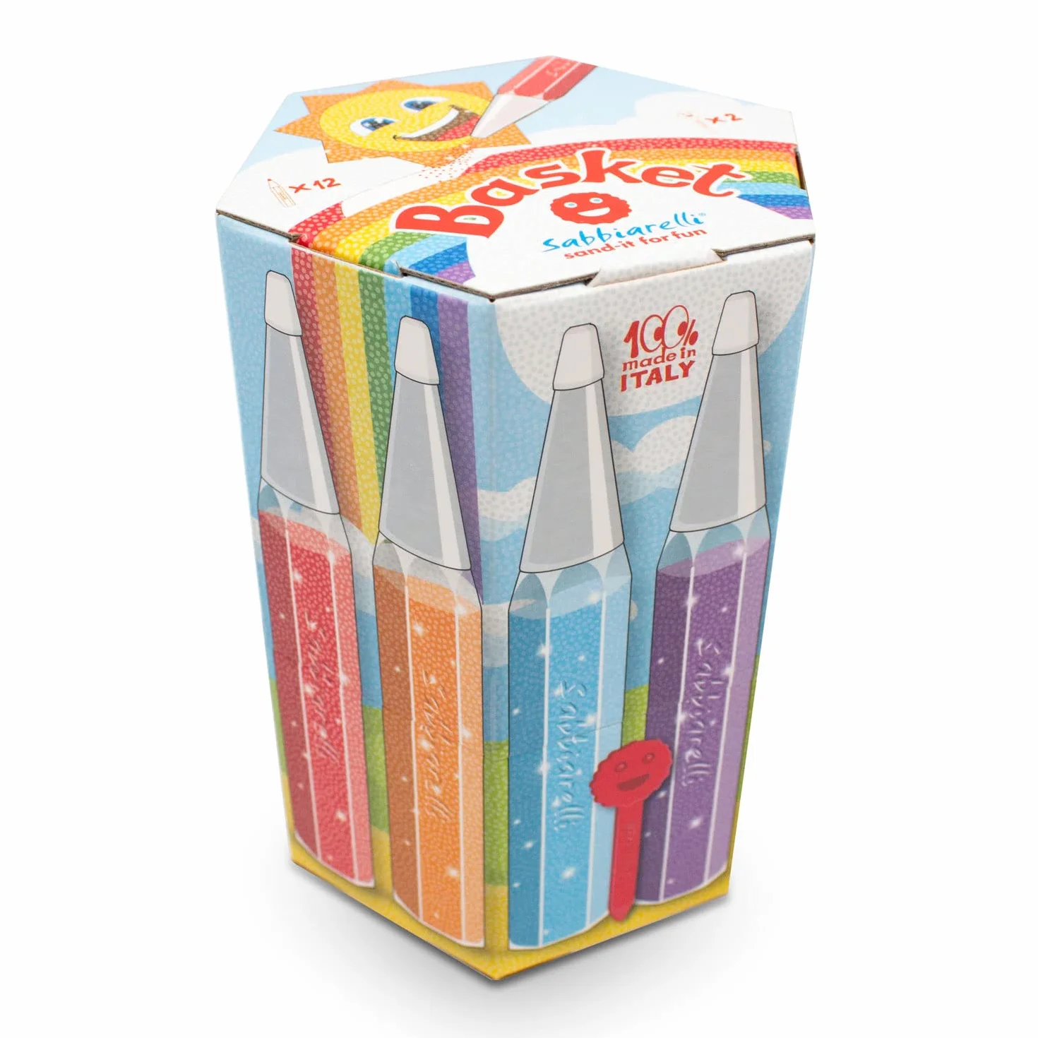 Sabbiarelli Sand-it For Fun – Basket Multicolor – 12 Penne Ricaricabili da 50g cad. di Sabbia Colorata per Sand Art e 2 Spellicolini | 100% Made in Italy | Sabbia di Marmo Certificata | Creatività
