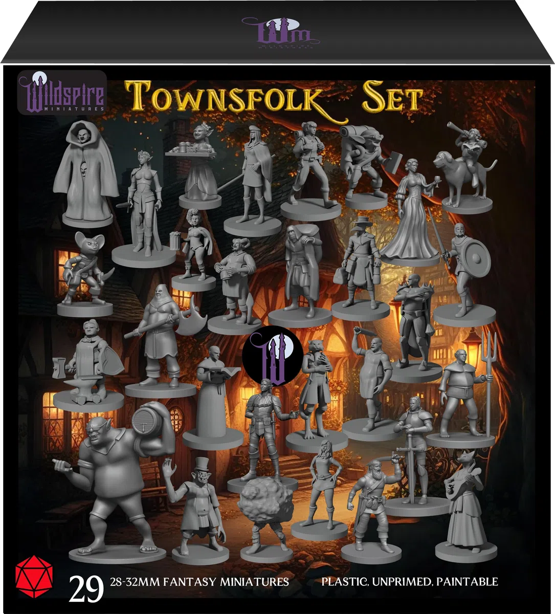 Starter set di 29 miniature Wildspire del gioco da tavolo fantasy di DND, non dipinte, personaggi non giocanti, statuette da dipingere, accessori per DND e Pathfinder, motivo cittadini comuni