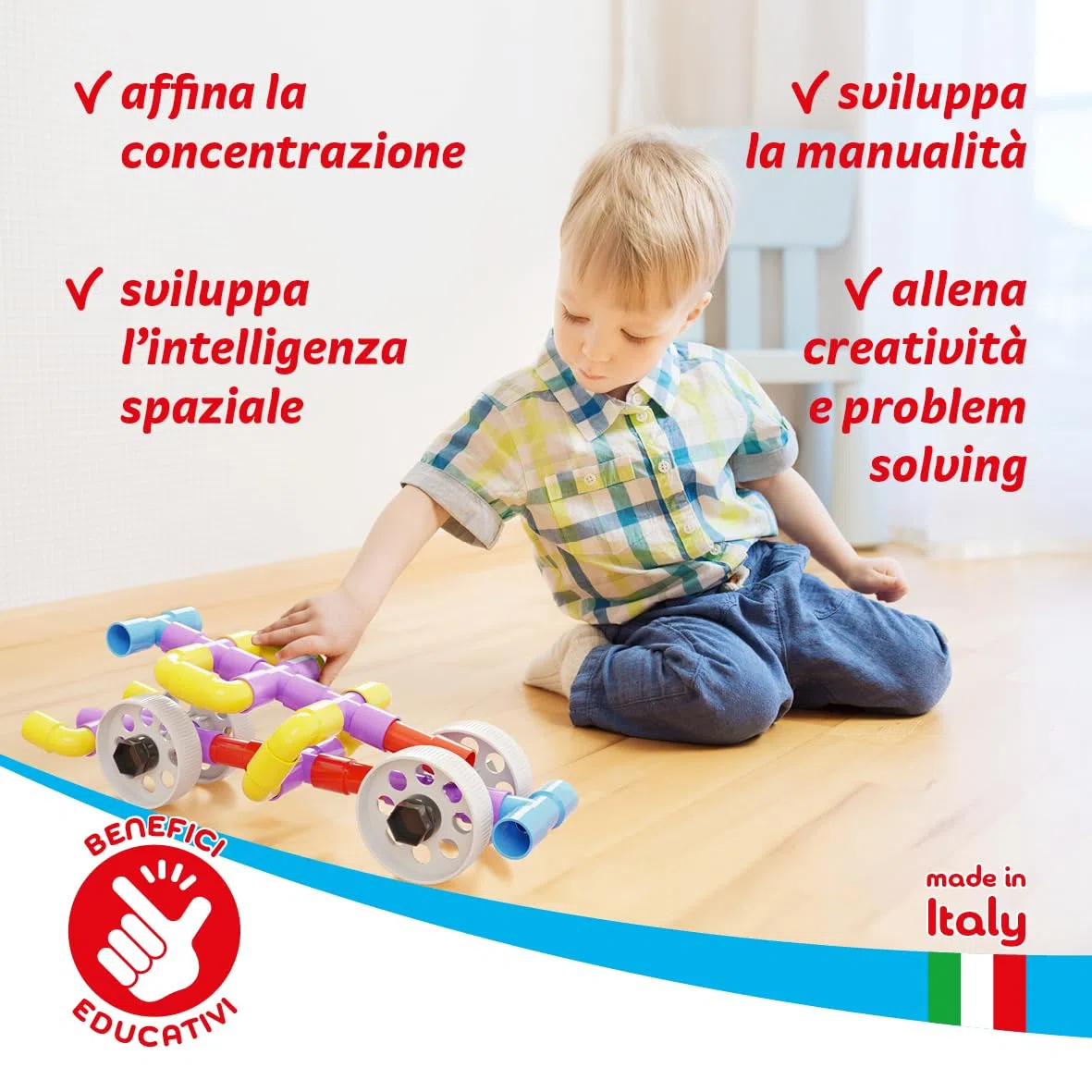 Quercetti Tubation Wheels 68 Pezzi, Giochi Bambini 3 Anni, Costruzioni per Bambini 3 Anni con Tubi Colorati e Ruote, Giochi Educativi e Giochi Creativi, Giochi per Bambini, Made in Italy