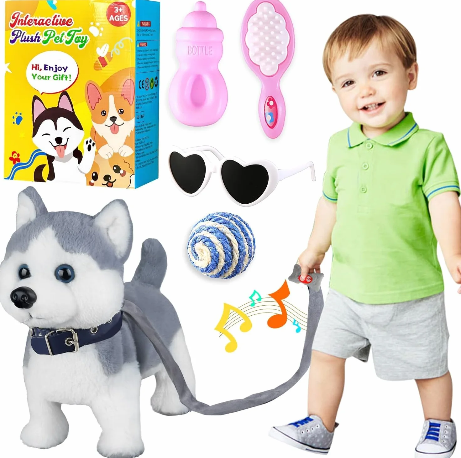 Marsjoy - Cane giocattolo Husky che cammina e abbaia con guinzaglio di controllo, robot realistico con coda scodinzolante interattivo musicale danzante in peluche animato elettronico per bambini e