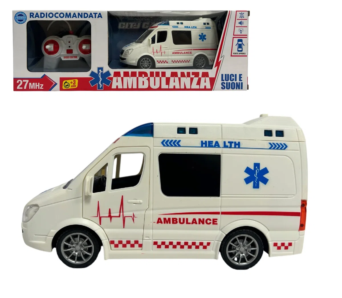 Ambulanza Telecomandata per Bambini Ambulanza Giocattolo con Luci Suoni Sirene Porte Apribili Autoambulanza Grande Scala 1:16 RadioComando Pronto Soccorso Suoni Luci Led Movimento Veicolo Soccorso (A)