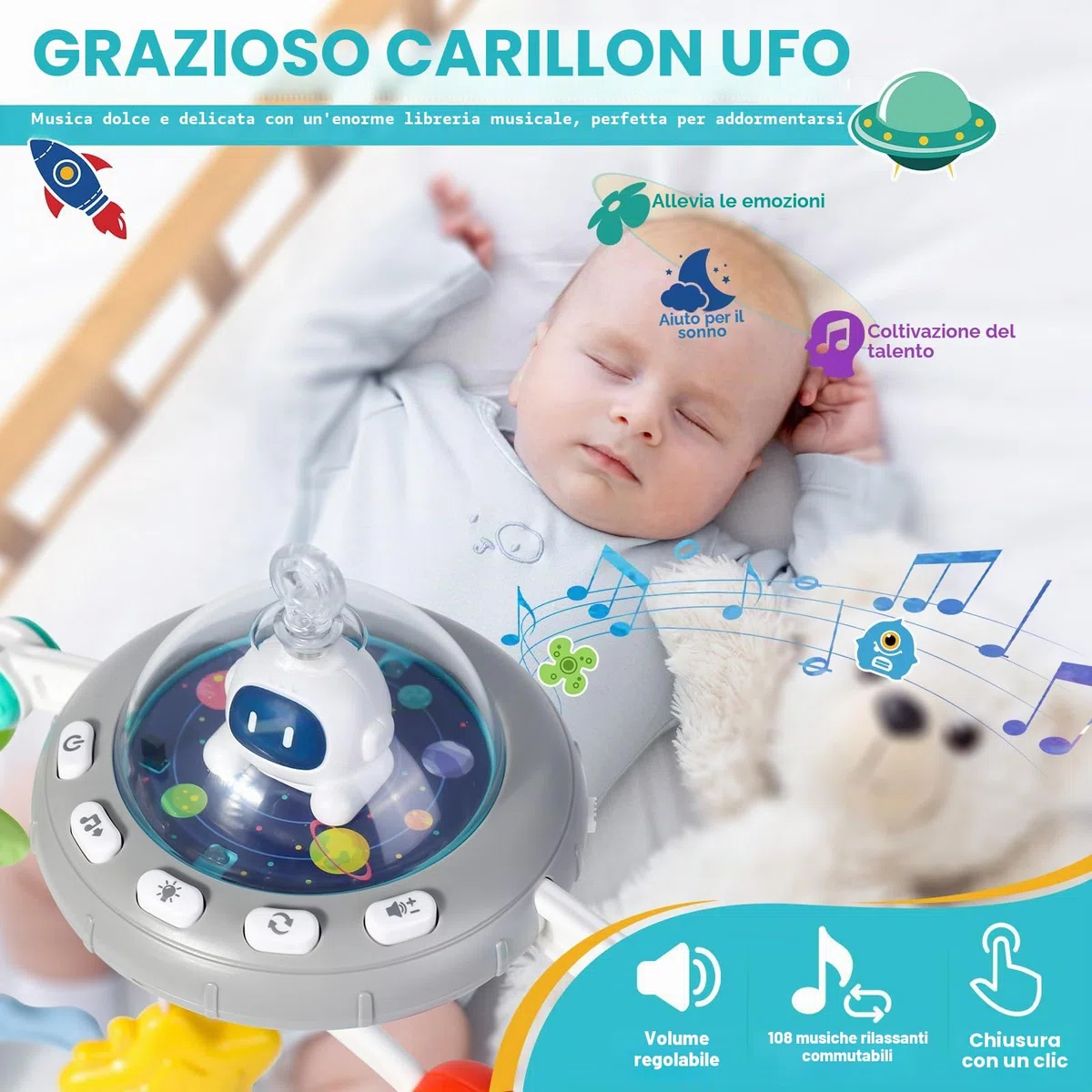 Orzbow Giochi Passeggino Neonati, Giostrina Culla Neonato con Lettore Musicale a Volume Regolabile, Giochi Sensoriali per Neonati per Bambini e Bambine di 3 6 9 12 Mesi con Sonaglio Neonato
