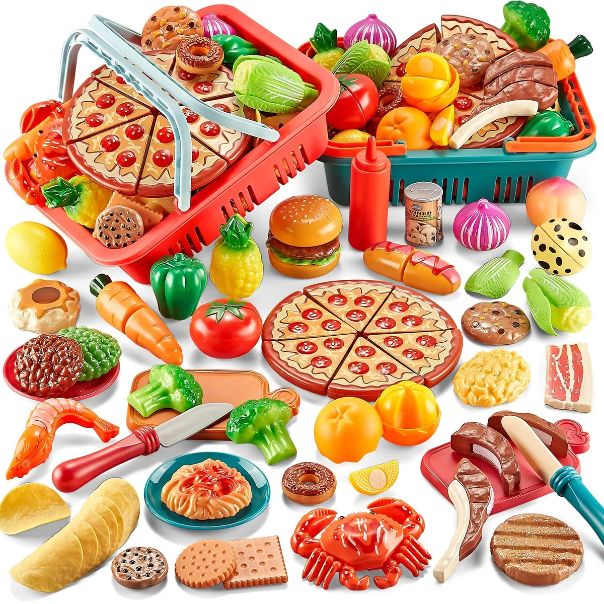 80 Cesto della spesa giocattolo con frutta e verdura di imitazione per bambini, Pizza,Cibo Giocattolo per Bambini,Cucina Giocattolo Giochi Bambini Ragazzi Bambina 3 4 5anni