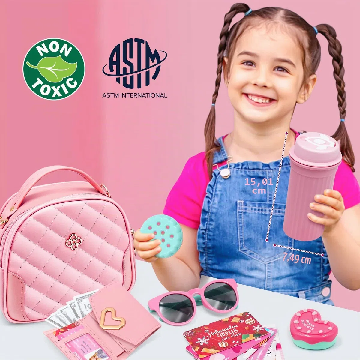 Borsetta per Bambina con Accessori Giocattolo, Trucchi Bambina, Telefono Giocattolo con Luce e Suono Portafoglio Carta di Credito Bottiglia d'acqua, Regali di Compleanno di Natale per Ragazze 3+ Anni