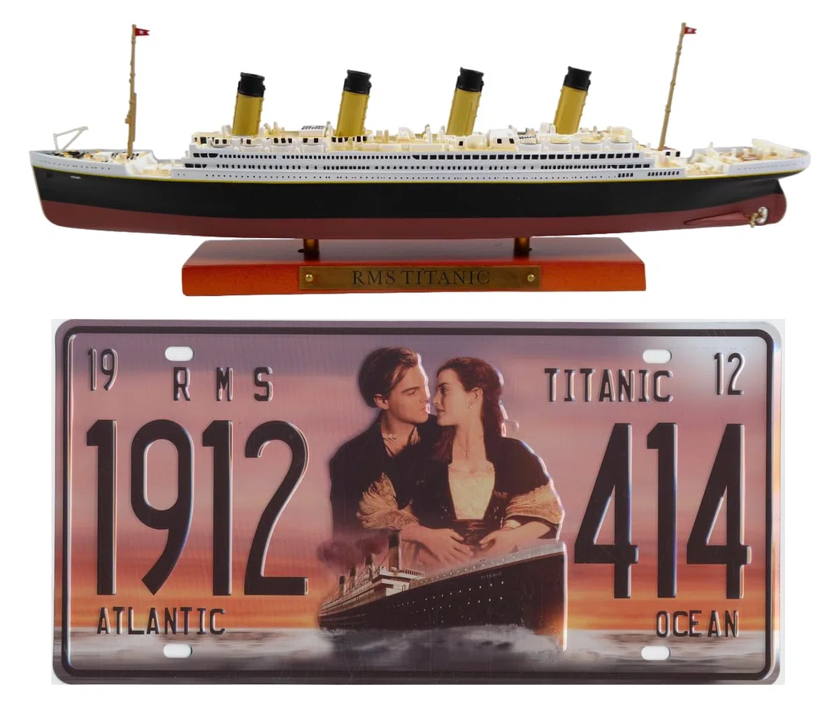OPO 10 - Lotto di 2 Oggetti da Collezione del Famoso transatlantico RMS Titanic: Nave + Targa Decorativa