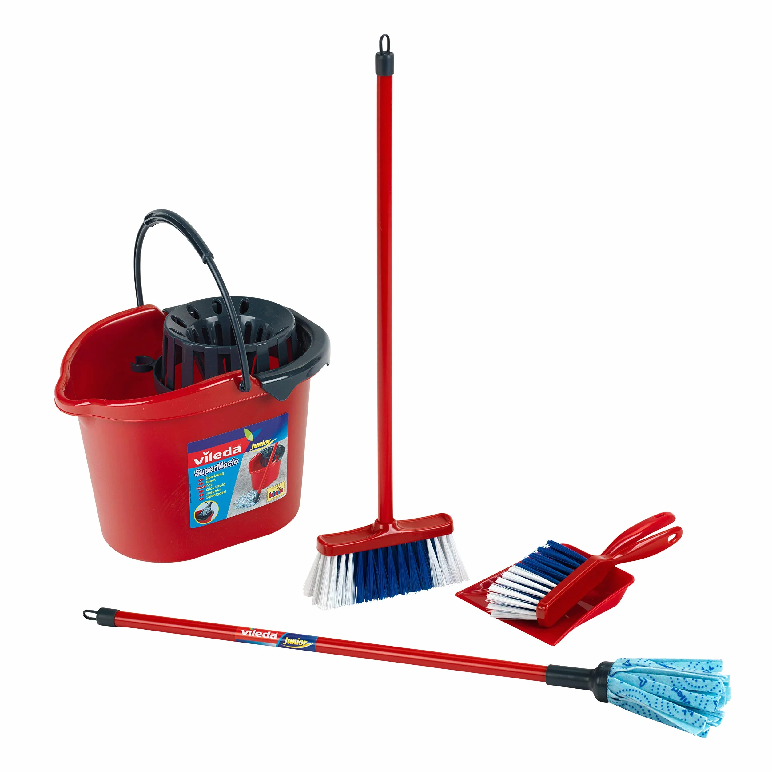 Theo Klein 6742 Carrello delle Pulizie Vileda con Scopa, mocio, Secchio e Molto Altro, con aspirapolvere a batterie con Funzione di aspirazione e Sonora, Giocattolo per Bambini a Partire dai 3 Anni