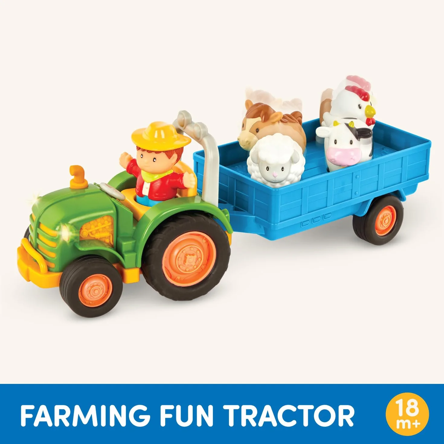 Battat - Fattoria giocattolo per bambini e ragazzi - Trattore giocattolo luci e suoni - Set da gioco per finta da 7 pezzi - Trattore, rimorchio, animali da fattoria - 18 mesi +