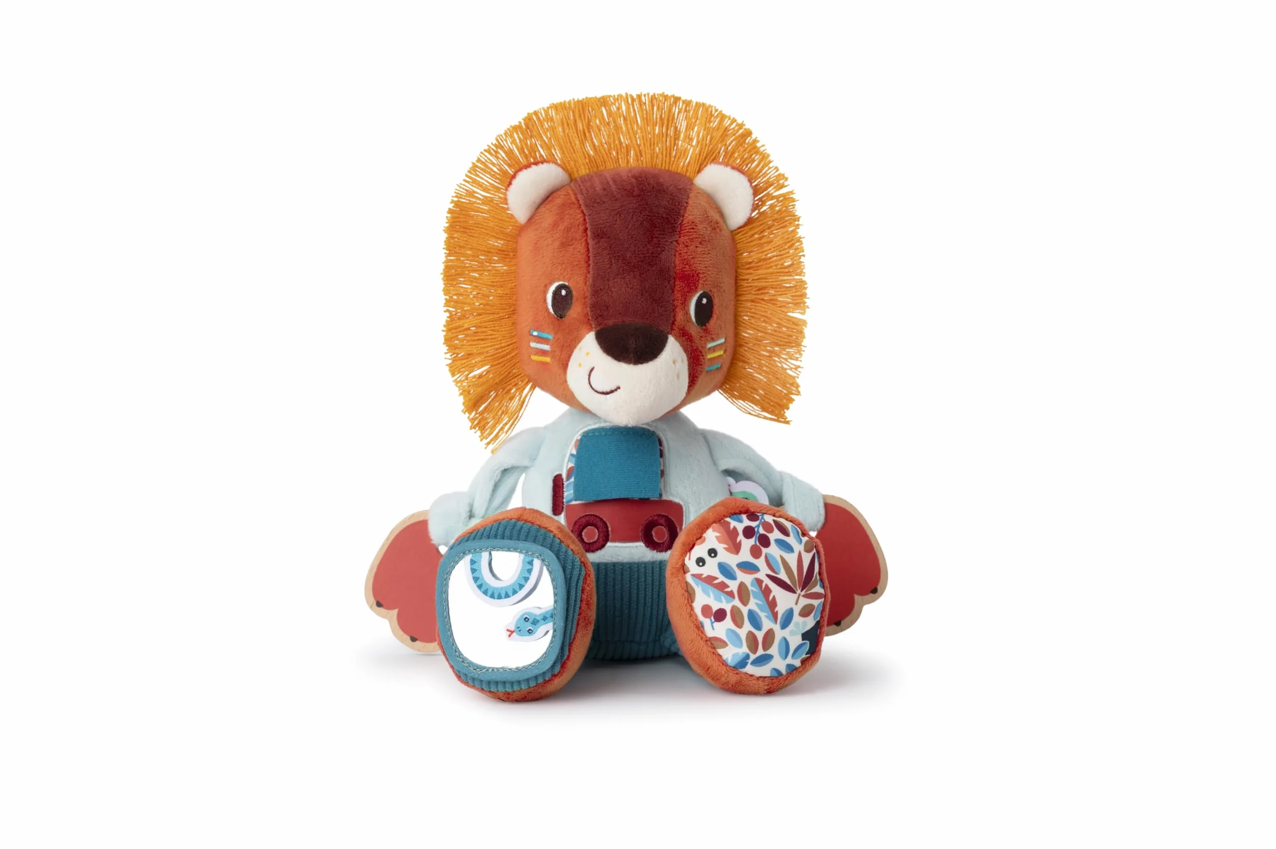 LILLIPUTIENS - Peluche attività Jack Il Leone - Sonaglio interattivo per Bambini con Specchio, campanella e Rumore di Carta - Stimola i Sensi, Le capacità motorie e l'immaginazione - 9 Mesi+