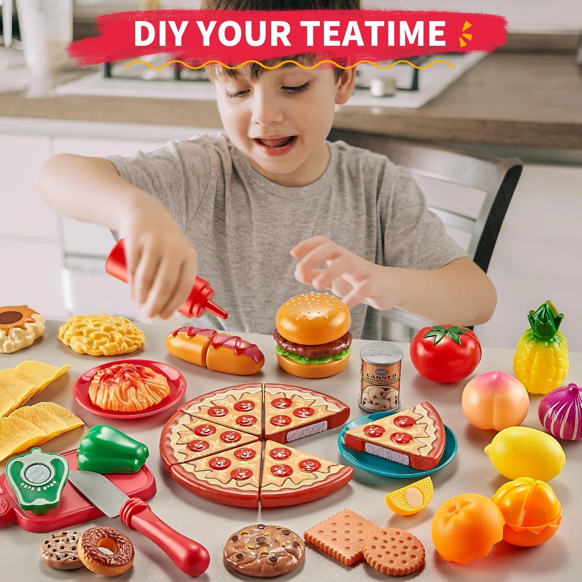 80 Cesto della spesa giocattolo con frutta e verdura di imitazione per bambini, Pizza,Cibo Giocattolo per Bambini,Cucina Giocattolo Giochi Bambini Ragazzi Bambina 3 4 5anni
