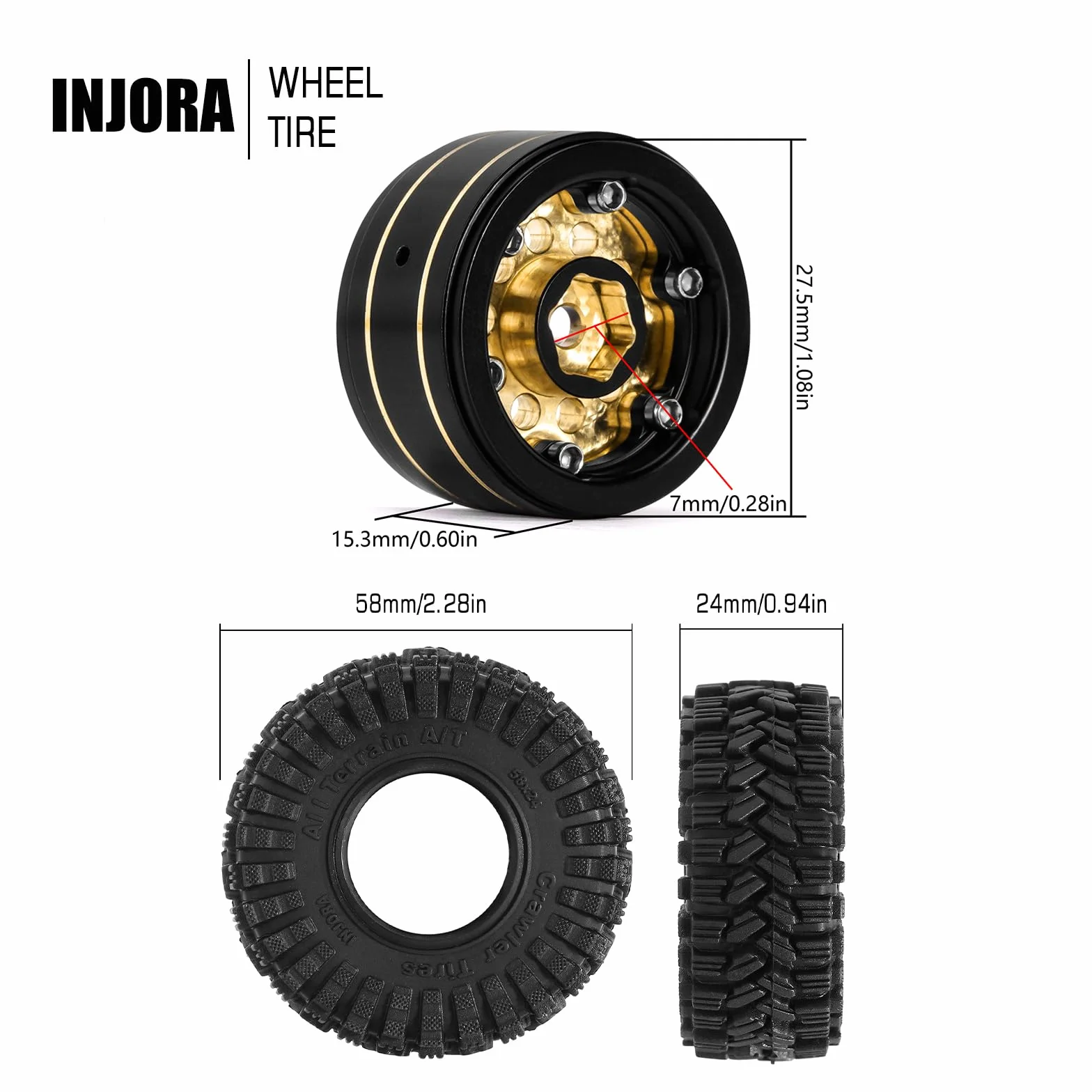 INJORA Ottone Rivestimento Nero 1.0 Pneumatici Beadlock Cerchi per Axial SCX24 AX24 TRX4M FCX24 Upgrade 1/24 1/18 RC Crawler Auto,Ottone