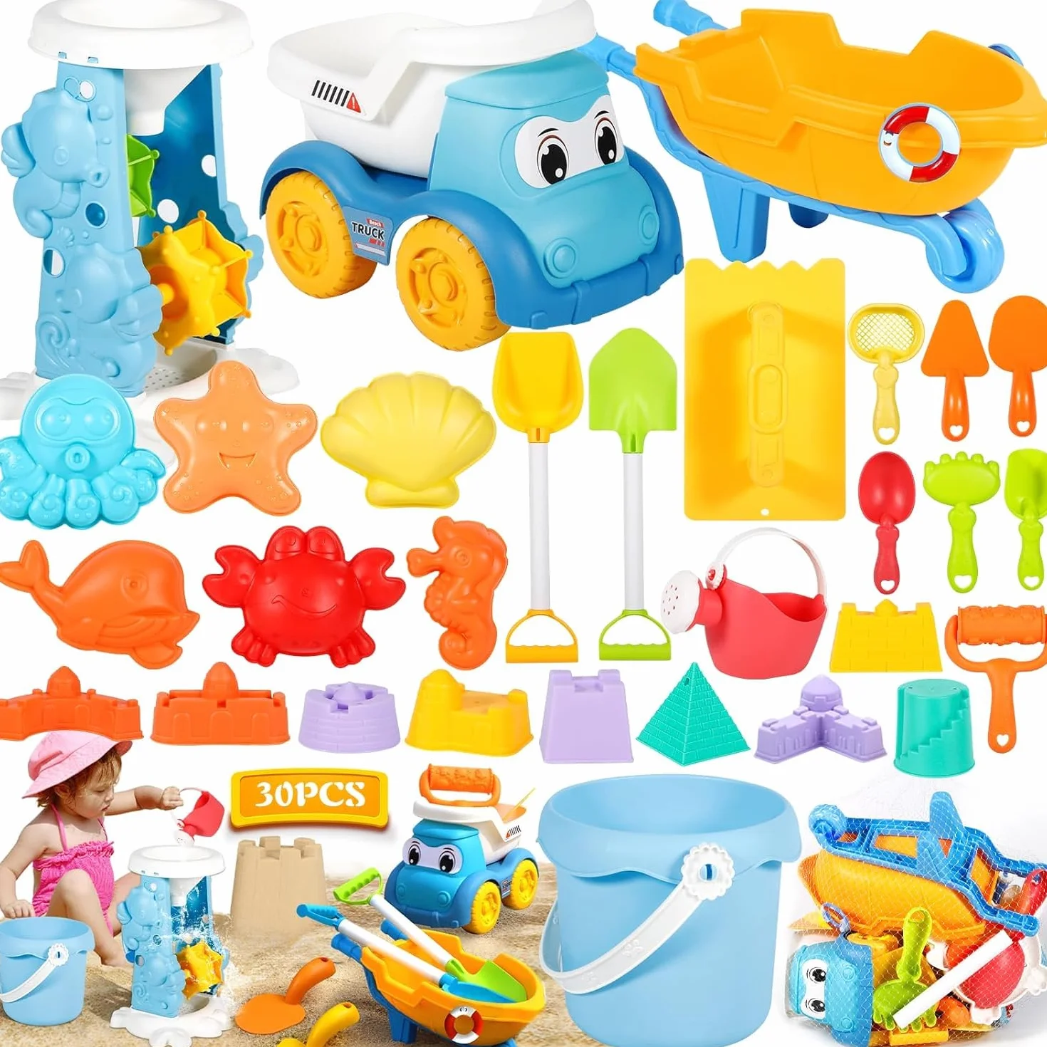 Giocattoli da Spiaggia, 30 Pezzi Spiaggia di Sabbia Giocattoli con Borsa a Rete, Secchiello, Secchiello Spiaggia, Acqua Ruota, Stampi, Giochi Spiaggia Bambini per attività All'aperto Bambini