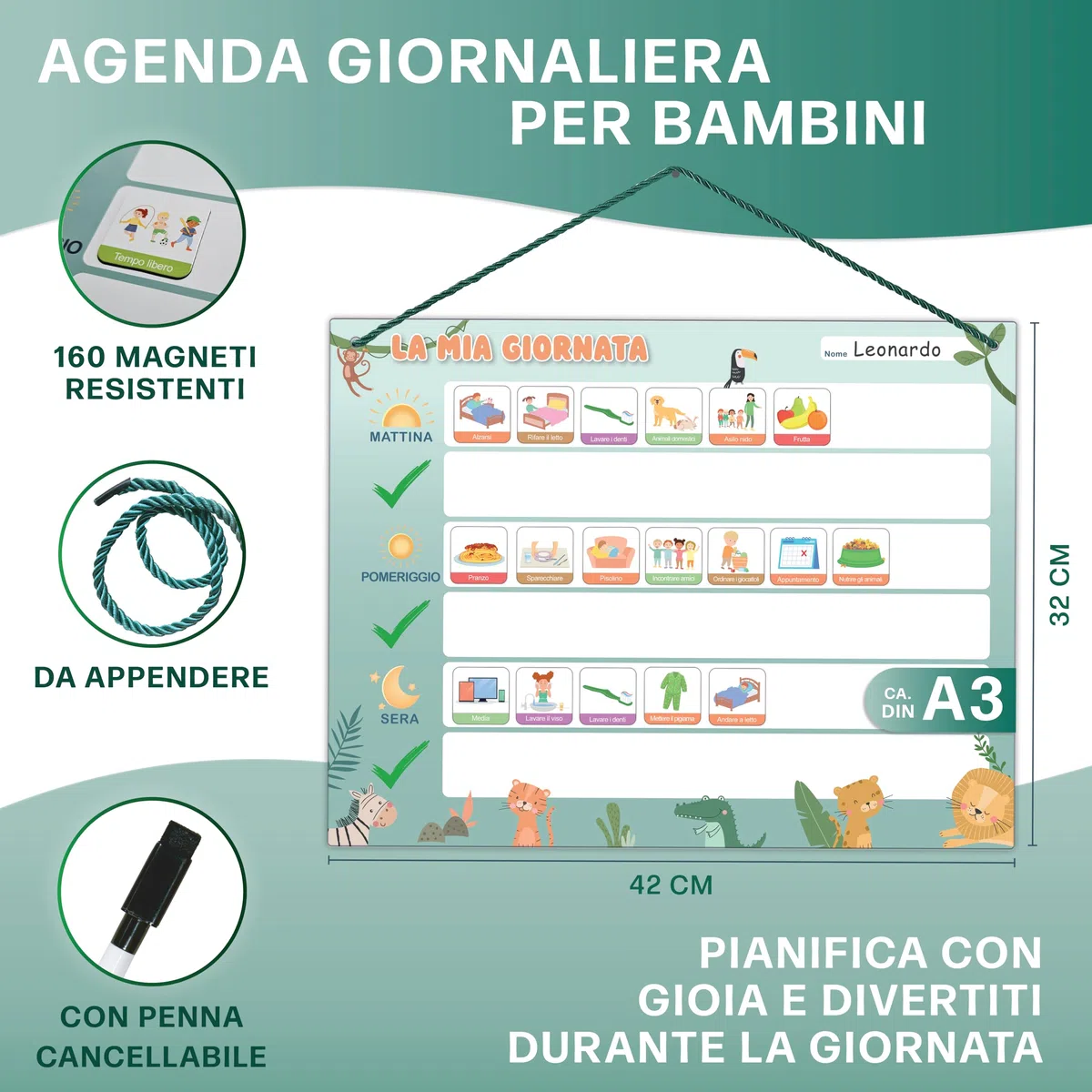 Calendario giornaliero per bambini - Lavagna magnetica Montessori dal design simpatico con 160 magneti e penna - Giochi educativi dai 3 anni - Calendario per bambini