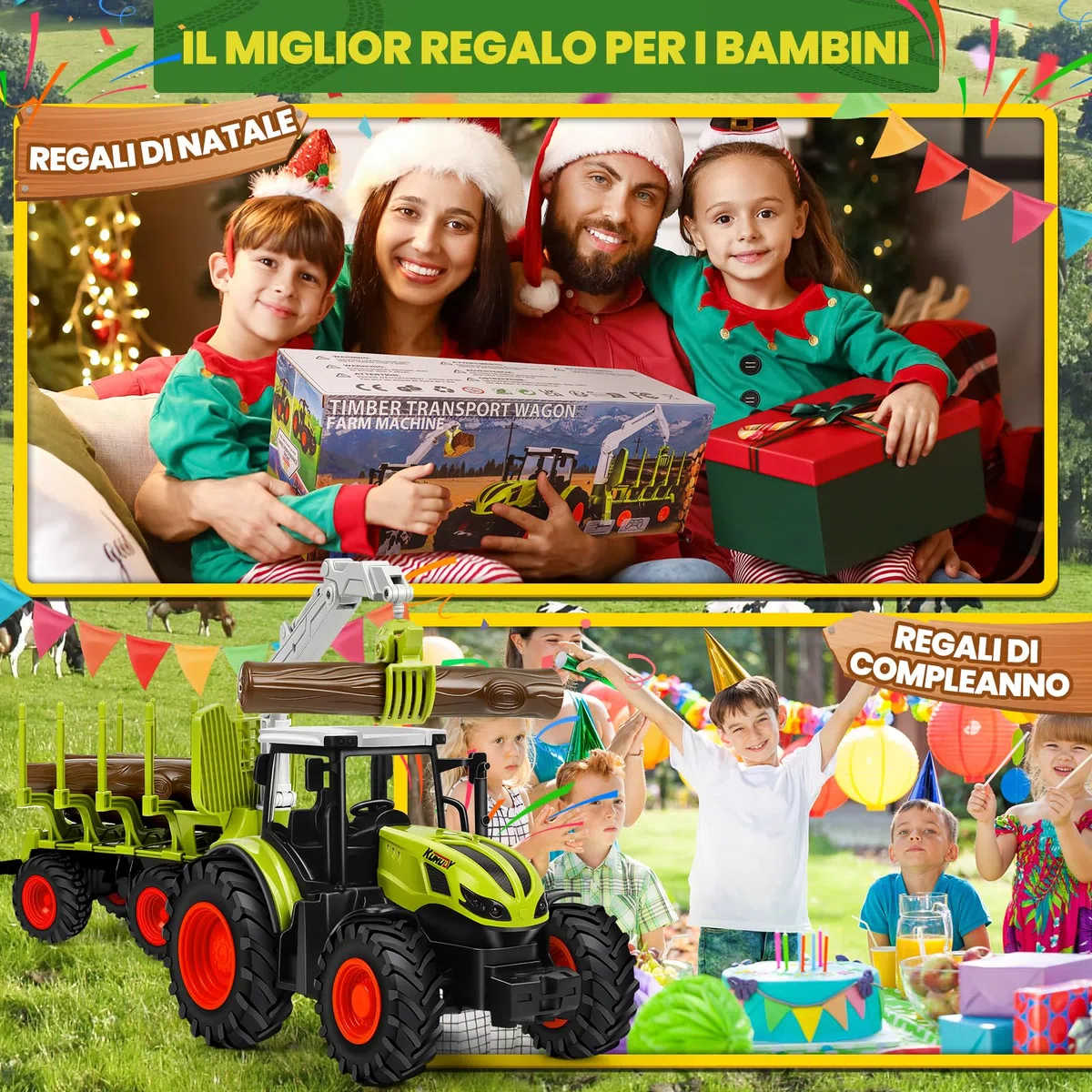 BuzzoXerex RC Trattore Telecomandato per Bambini, 2,4 Hz Trattore Radiocomandato con Rimorchio Giocattolo e Luce, Trattore Giocattolo per Bambini 3 4 5 anni