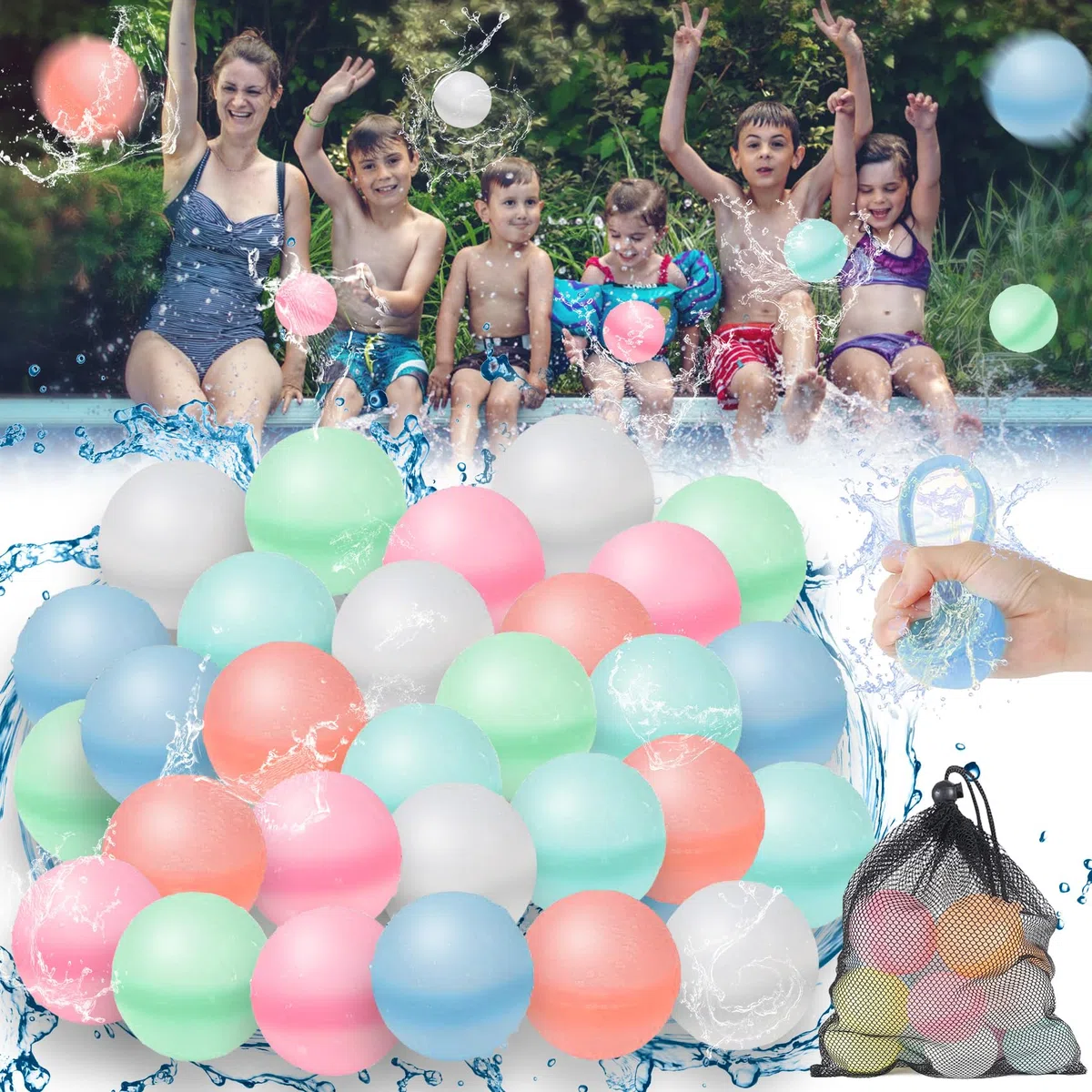 Palloncini ad acqua riutilizzabili, 2026 Nue 30 pezzi bombe ad acqua con chiusura automatica con tasca a rete, palloncini ad acqua,palloncini ricaricabili in silicone (30)