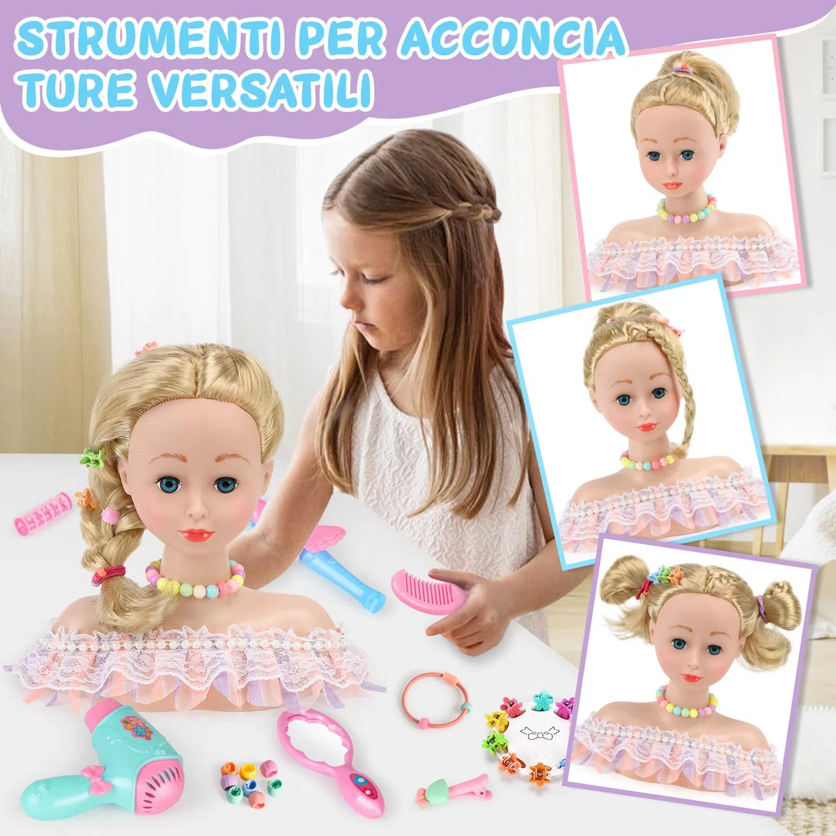 BuzzoXerex Testa Bambola da Truccare e Pettinare, 58 Pezzi Testa da Pettinare Bambina, Bambola da Truccare Regalo di Compleanno, Natale per Bambini a Partire Dai 3 Anni (Rosa)