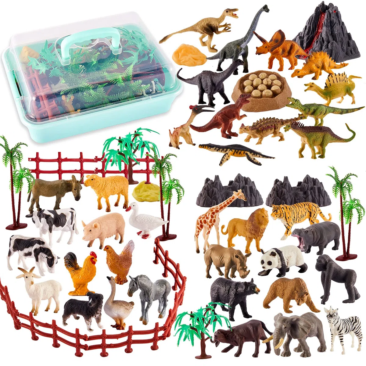 TOEY PLAY 3 in 1 Animali Giocattolo per Bambini, Animali Fattoria, Dinosauro Giocattolo, Animali Della Giungla, Giochi Bambini 3 4 5 6 Anni, 56 Pezzi, Mini Animali Realistici con Valigia