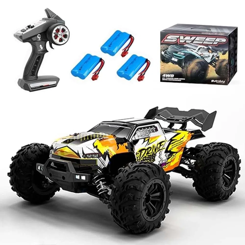 70km/h Auto Telecomandato con Motore Senza Spazzole, 1/16 Alta Velocità All Terrain Monster Trucks per Adulti, 4WD Impermeabile RC Drift Car, 3 Batterie, Giallo