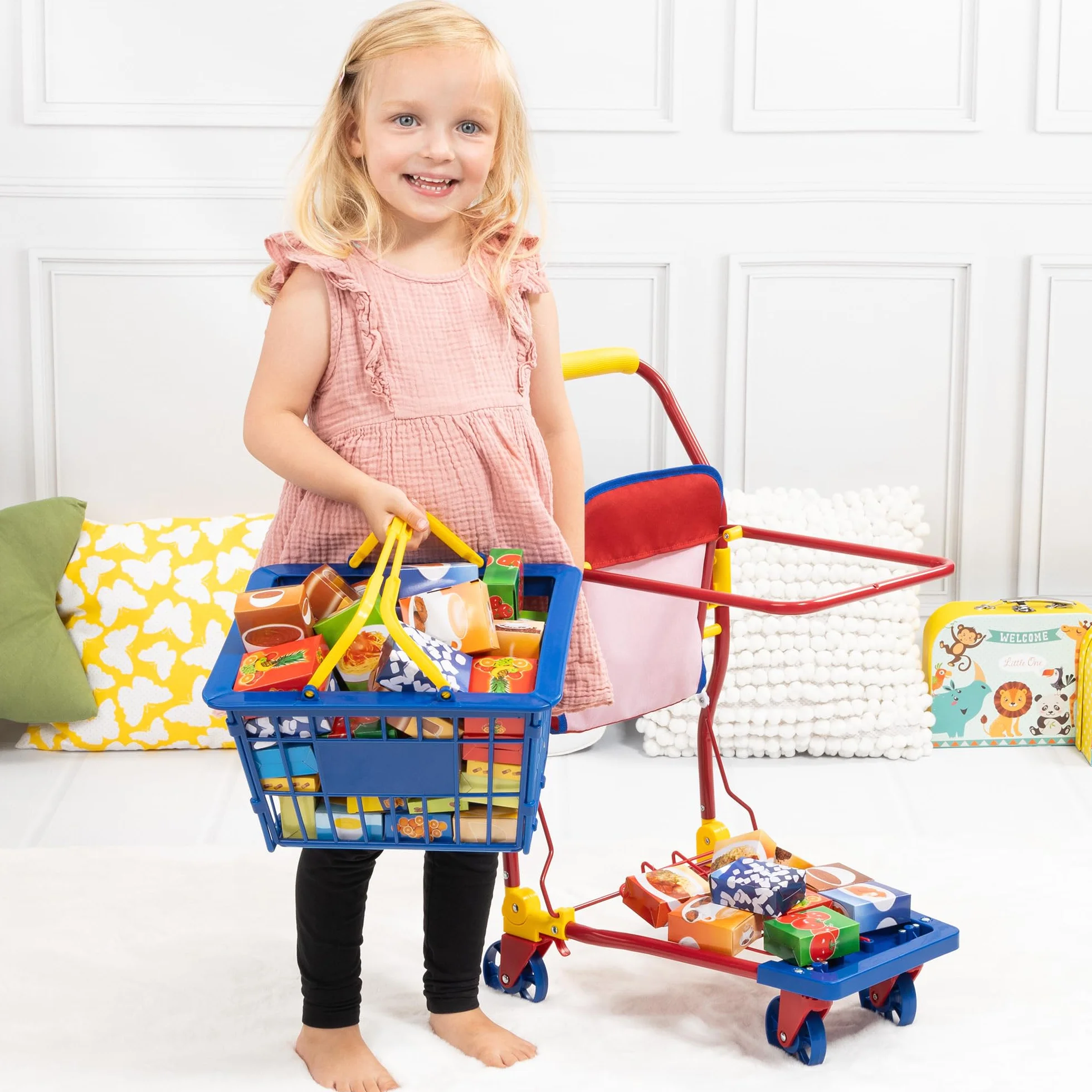 Bayer Design 75003AA Carrello della Spesa per Bambole con Sedile Integrato, Accessori per la Spesa Colorati