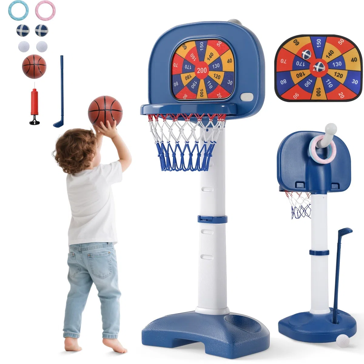 RELAX4LIFE Canestro da Basket 4 in 1 con Pallone da Basket, 2 Palline Adesive, 2 Palline da Golf, Bastone da Golf e 2 Anelli, Base riempibile, Set di Canestro Interno per Bambini 3 Anni＋