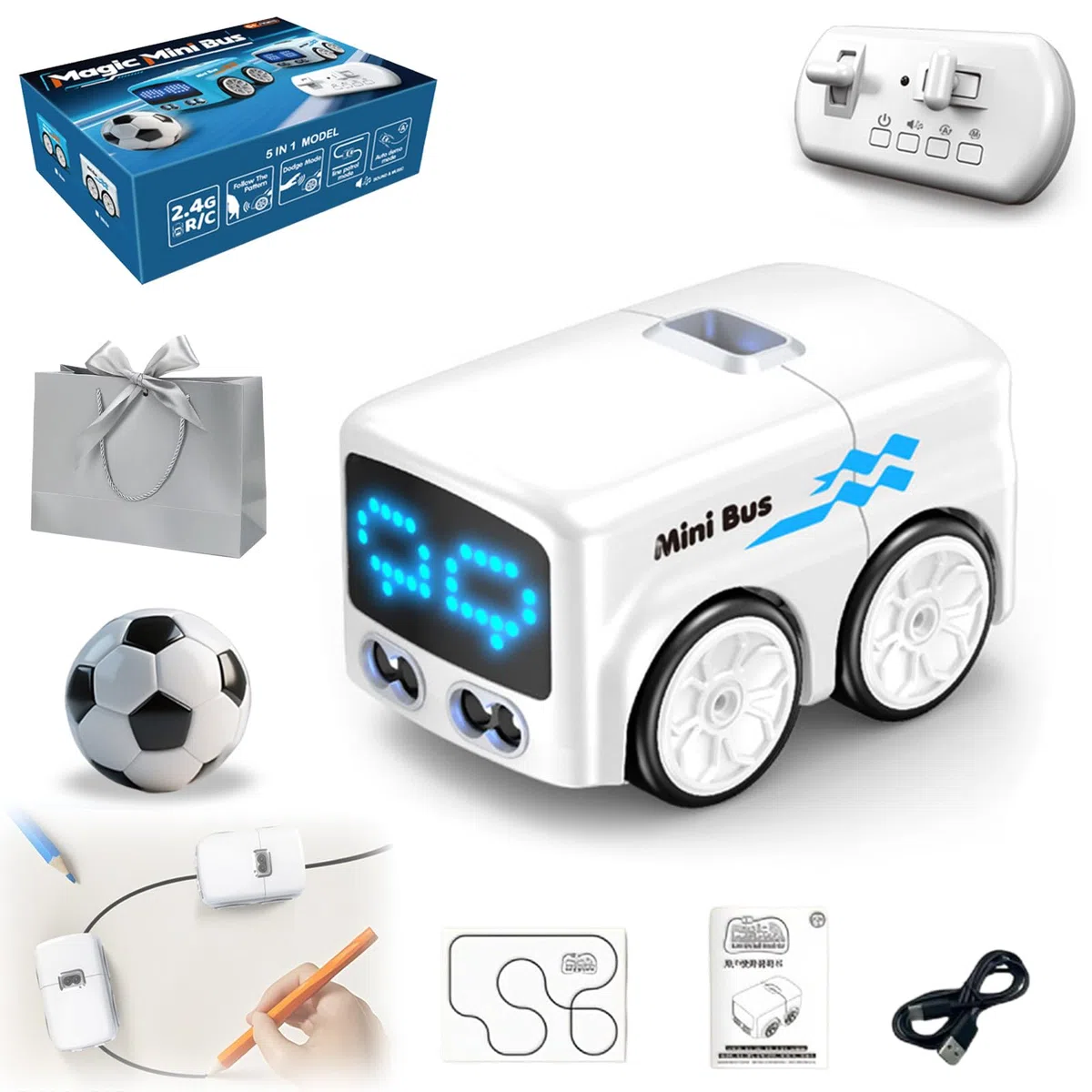 Magic Mini Rc Bus, 2026 Upgraded RC Remote Control Sensor Car, Magic Mini Bus Smart RCs Toy, Gestures Follow Small Vehicle Automatic Avoidance Patrol Line Driving Desktop Toy Car (White)