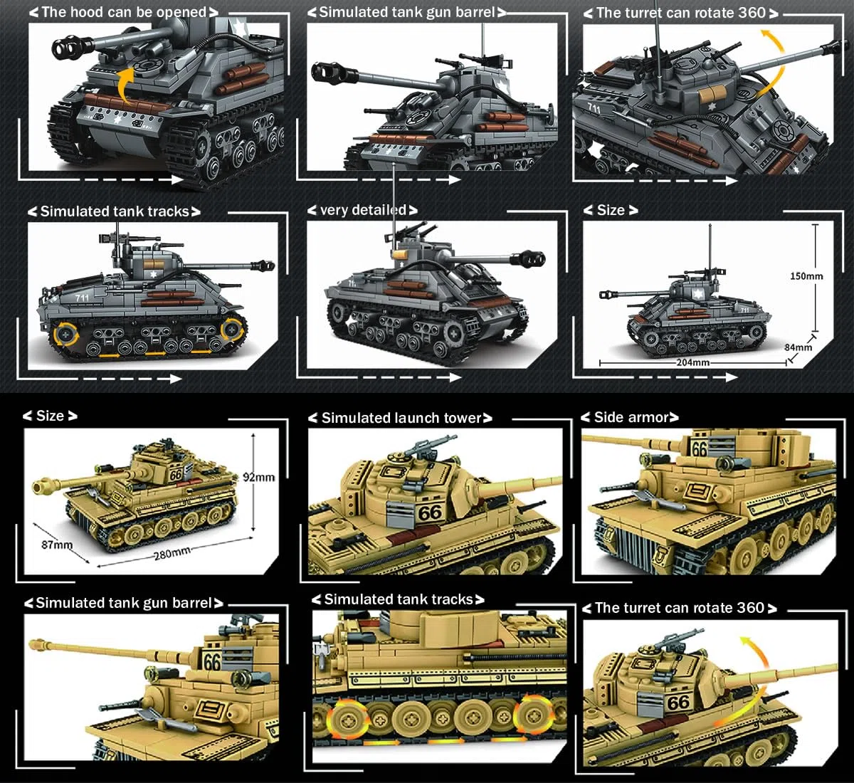 Kit di Costruzione Giocattolo di Carri Armati dell'Esercito WW2 di Cattle, Un Tiger Tedesco e un Modello di Carro Armanto M4 Sherman Americano 1184 Blocchi Giocattolo Militare Regalo per Ragazzi