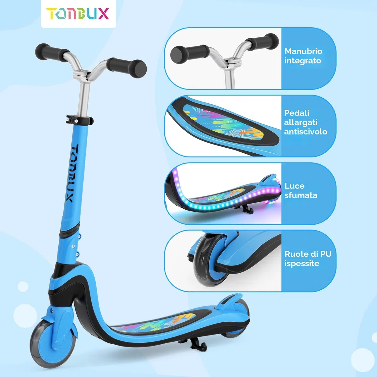 TONBUX Monopattino per Bambini da 3 a 12 Anni, con Ponte Illuminato e PU Ruote, 3 Livelli di Altezza Regolabile con Supporto, Leggero, Monopattino Bambini 3 Anni