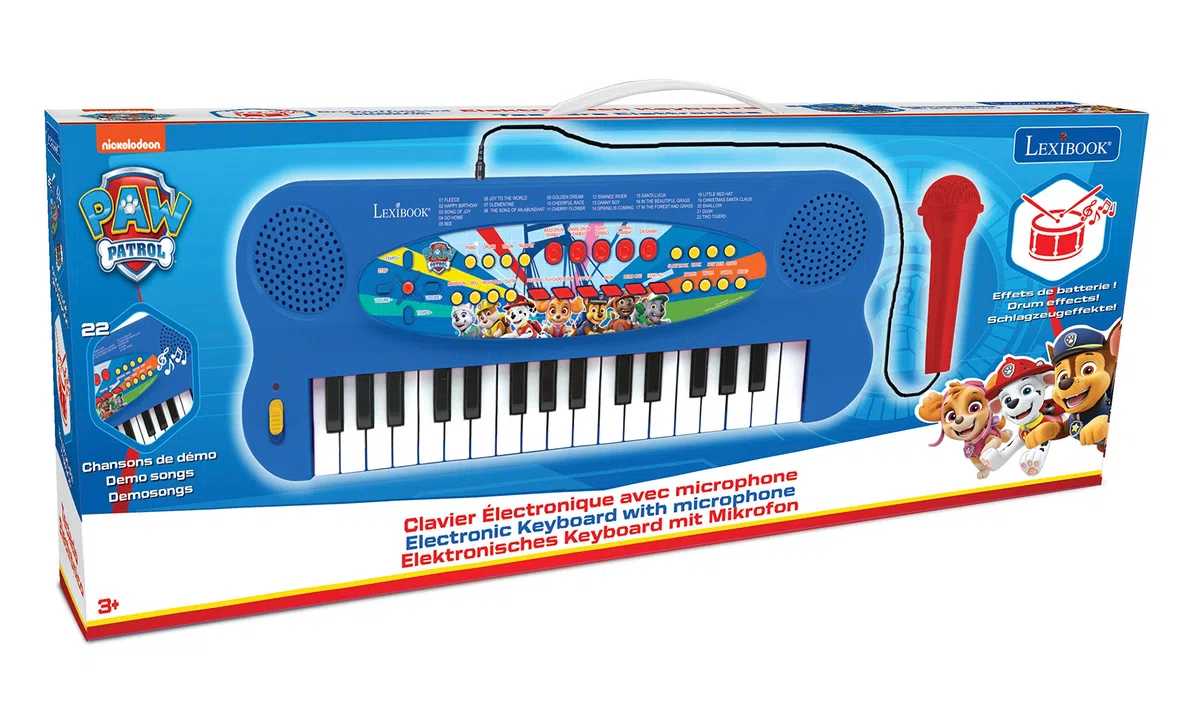 Lexibook, Paw Patrol, Tastiera elettronica con microfono, pianoforte a 32 tasti, microfono per cantare, 22 canzoni dimostrative, funzionamento a batteria, blu/rosso, K703PA