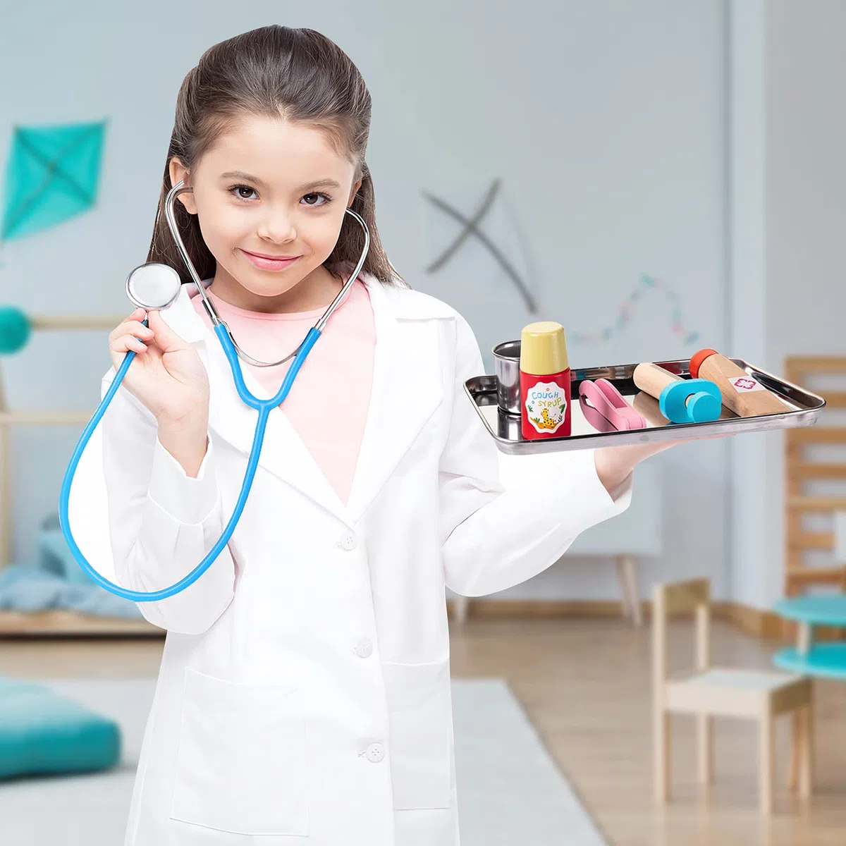 EFO SHM Valigetta Dottore Bambini Legno, Attrezzo Medico Giocattolo Borsa Dottore Gioco Stetoscopio vero Attrezzi da Dottoressa 3 4 5 Anni