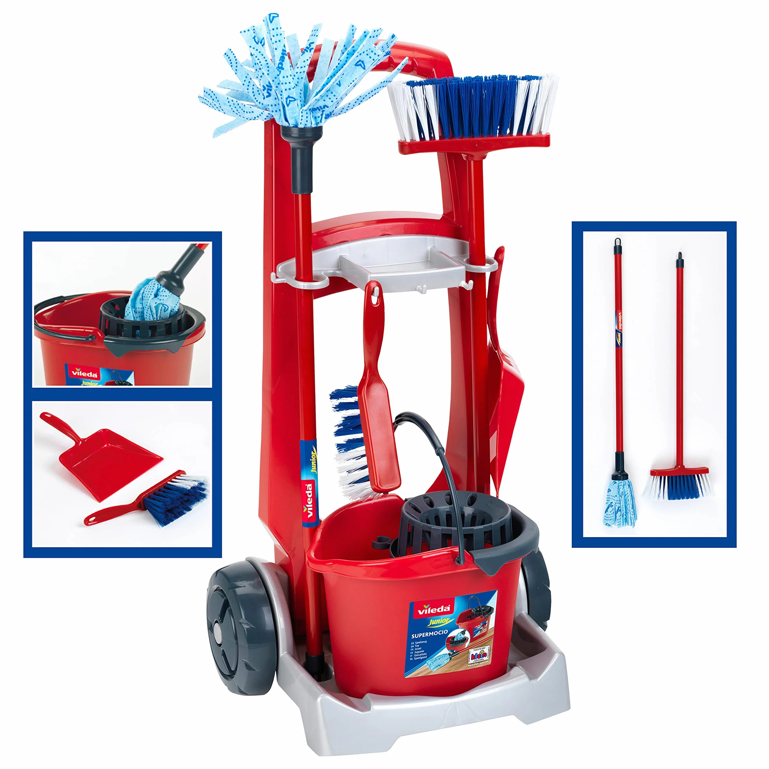 Theo Klein 6720 Carrello per le pulizie Vileda con aspirapolvere verticale, Include secchio, scopetta e paletta, 29 cm x 24 cm x 60 cm, Giocattolo per bambini dai 3 anni in su