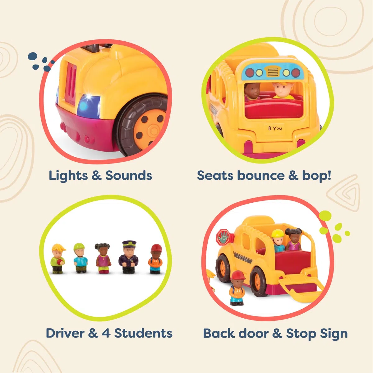 B. toys - Boogie Bus - Scuolabus giallo interattivo - Luci e suoni - Scuolabus giocattolo per bambini e ragazzi - Autista e passeggeri - 18 mesi +