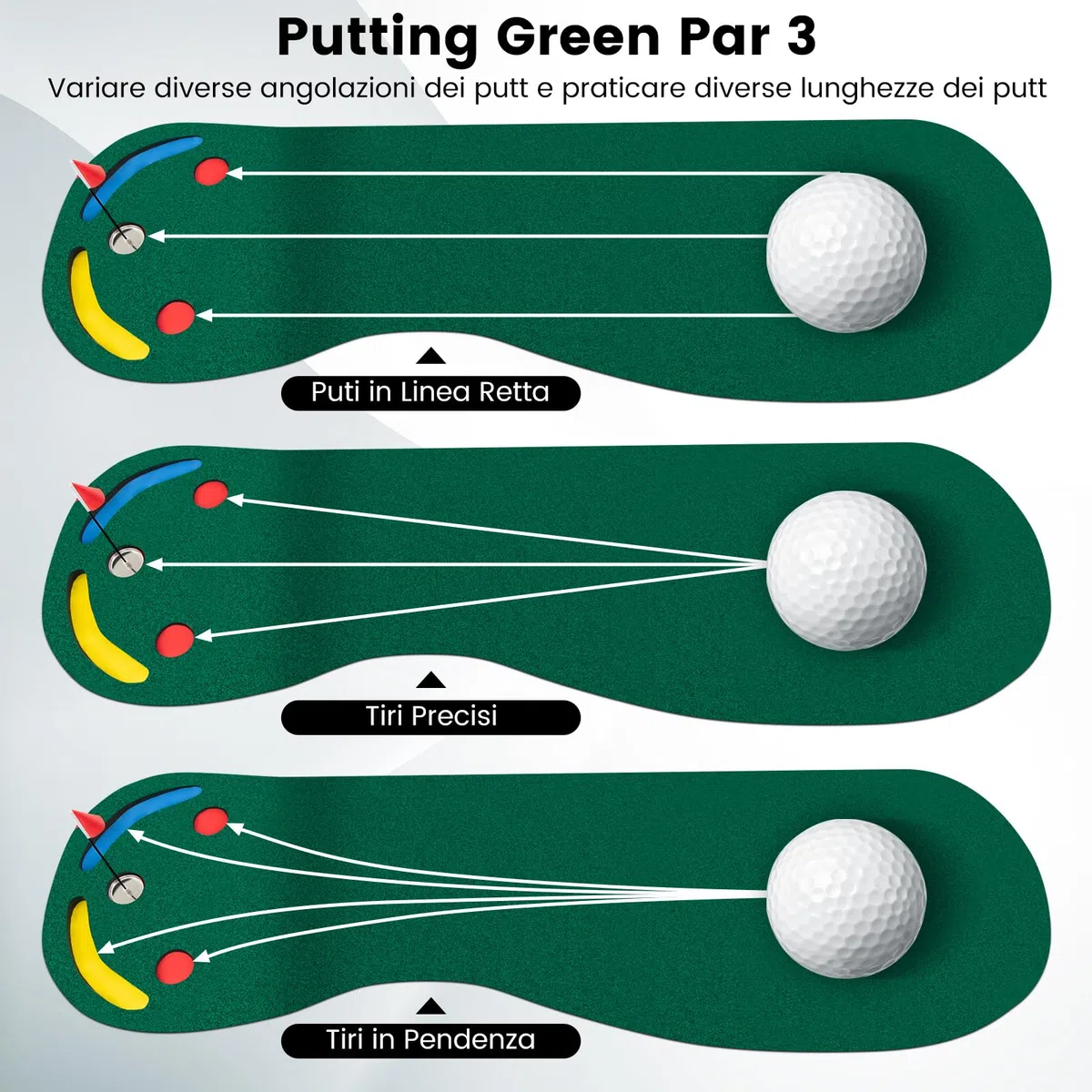 COSTWAY Set di Putting da Golf, Tappetino da Putting con 3 Fori per il Putting, 1 Bandierina e Coperture per Buca da Golf per Allenarsi al Putting, Putting per Uso Interno ed Esterno, 300 x 96 CM