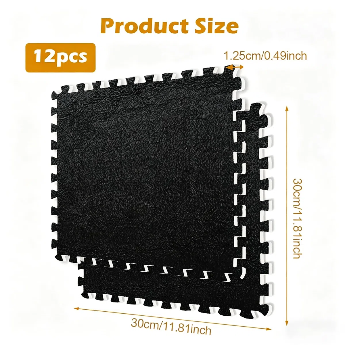 12 tappetini in schiuma di peluche a incastro, 30 x 30 cm, per piastrelle, puzzle, per soggiorno, camera da letto, colore nero