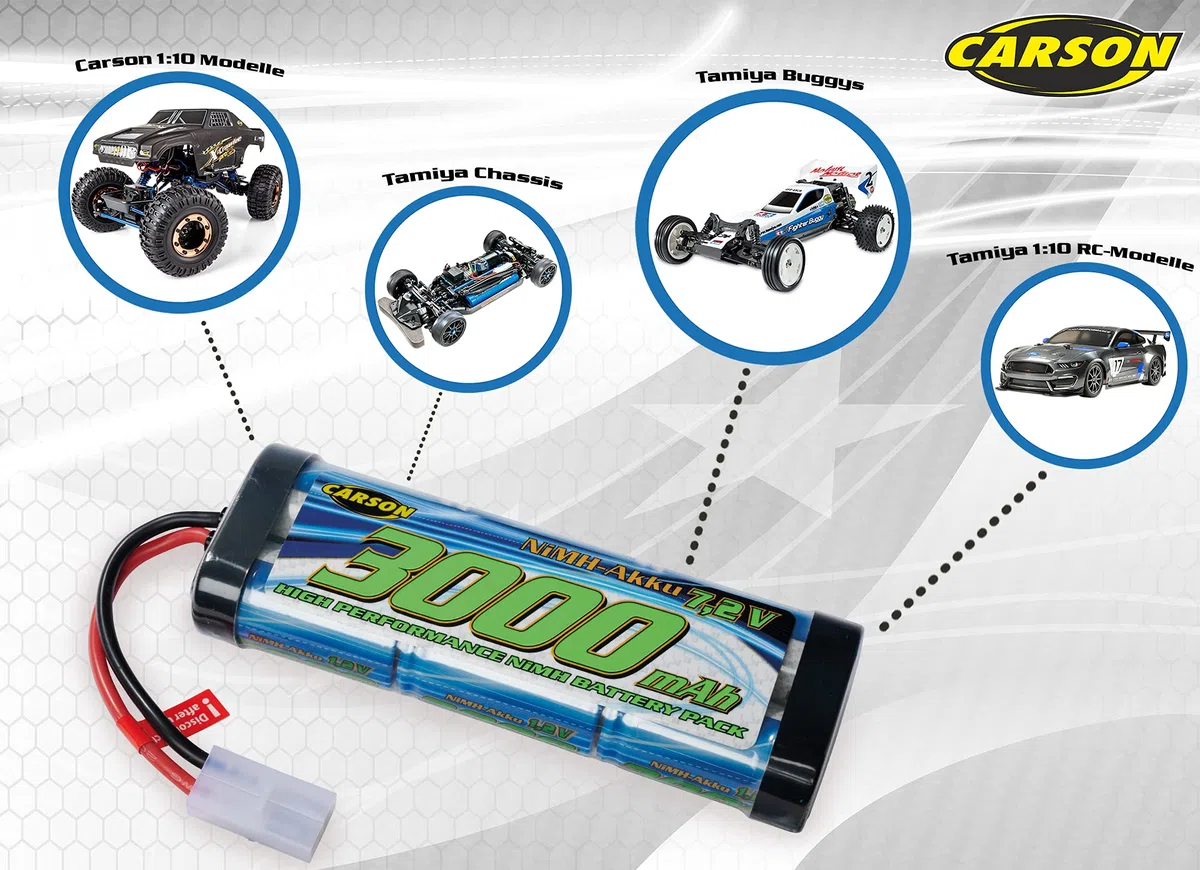 Carson 500608224 7,2V/3000mAh NiMH Race batteria TAM - ricaricabile, con connettore Tamiya, pacco batterie per auto RC, batteria di ricambio veicolo telecomandato, alta qualità, modellismo