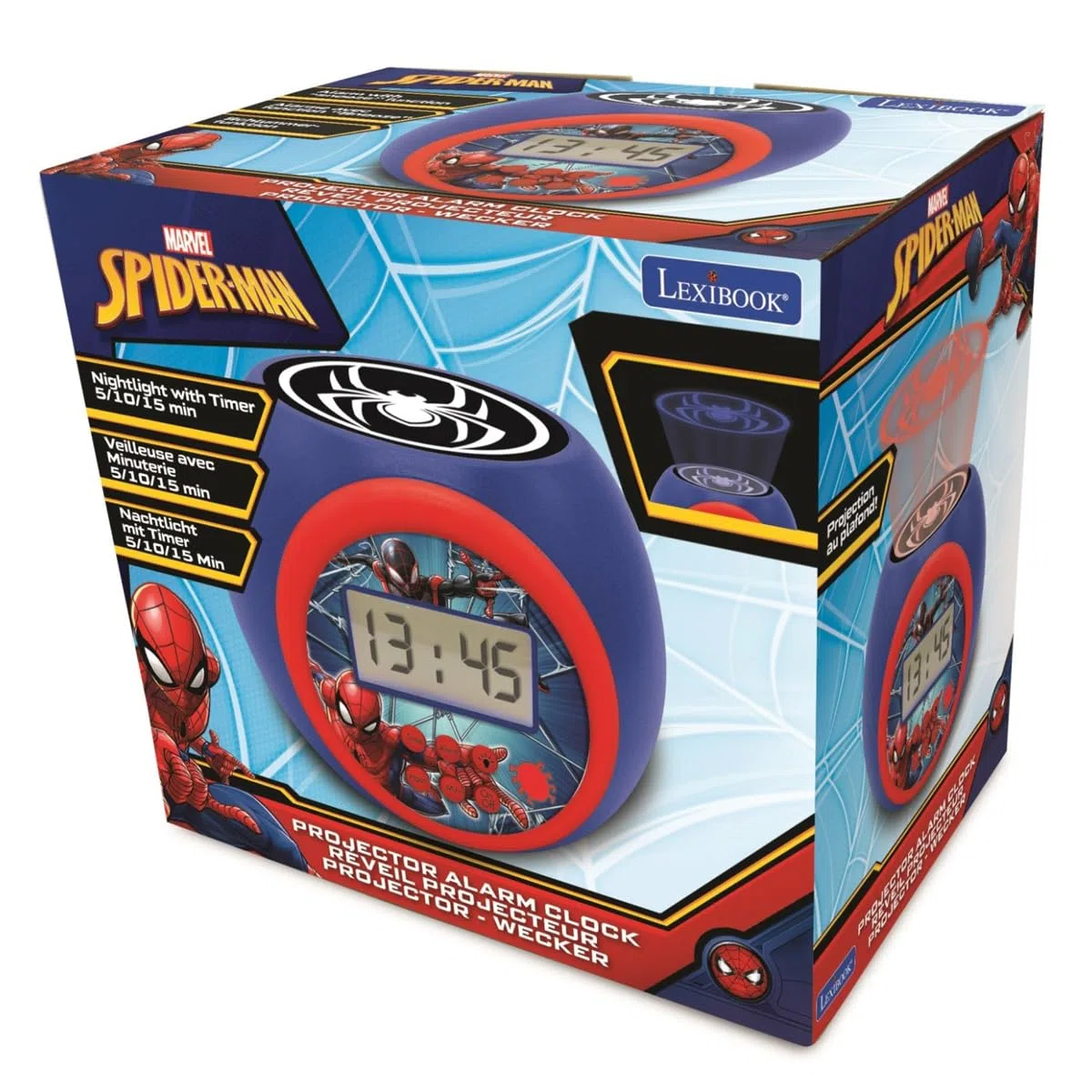 Lexibook - Marvel Spider-ManSveglia con proiettore con Funzione Snooze, Luce Notturna con Timer, Schermo LCD, a Batteria, Blu/Rosso, RL977SPLXB