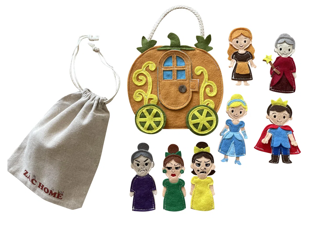 ZAC HOME Set di marionette da dito Cenerentola - Principessa, Principe, Fata, Madrina, Matrigna, Sorellastre e Carrozza di Zucca - Marionette in feltro con custodia per bambini per narrazione e gioco