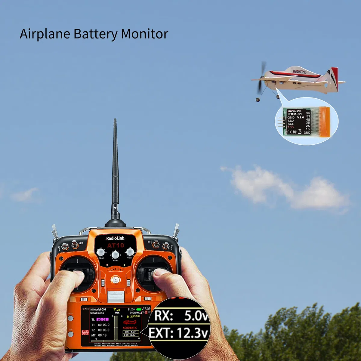 Radiolink PRM-01 Modulo di telemetria di tensione Telemetria in tempo reale (1S-6S) facile da collegare, nessun controllo di volo necessario, funziona con AT9S Pro e AT10II, con cavo di collegamento