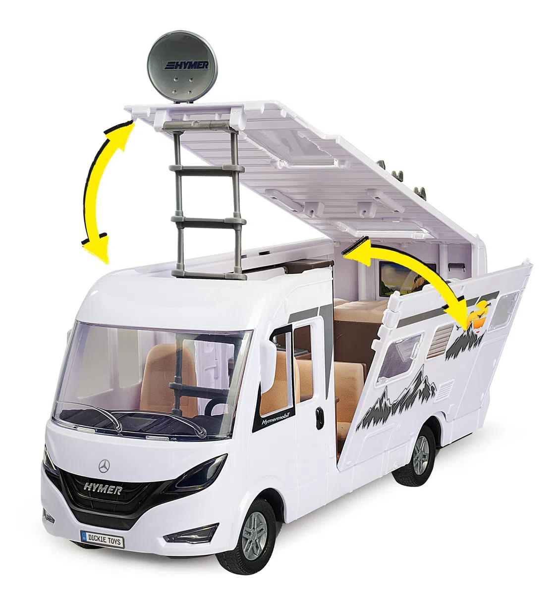 Dickie Toys - Playlife Camper Set, Hymer B-Class Motorhome, con pannello, porta laterale, gavone e tetto apribili, Incluso personaggio, E-Bike, BBQ con luci, paddling, tavolo con sedia