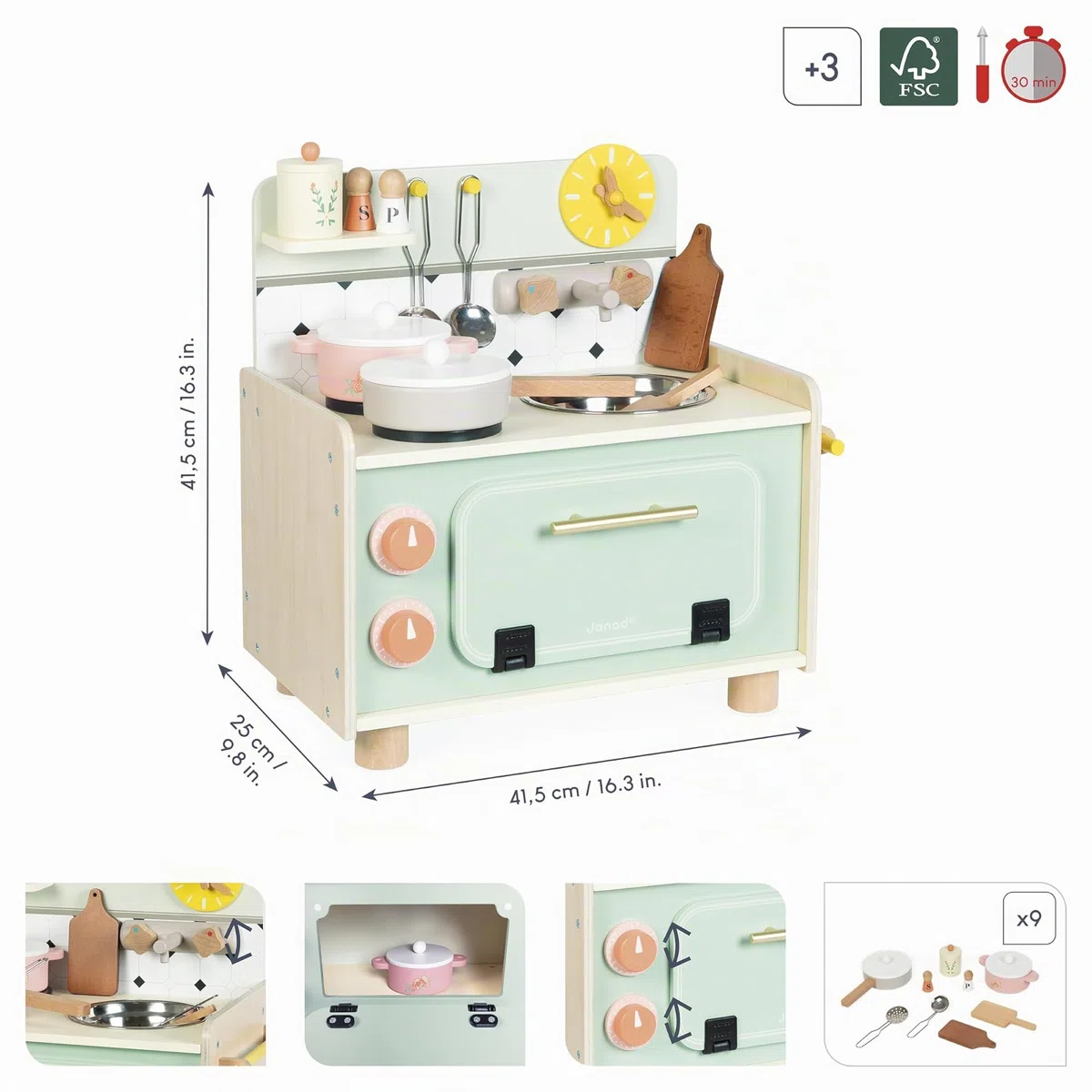 Janod - Cucinino per Bambini in Legno - Cucina per Bambini con Quattro Utensili e 10 Accessori Inclusi - Boutons Rotatifs Sonores - Jouet Imitation et Eveil - da 2 Anni, J06640