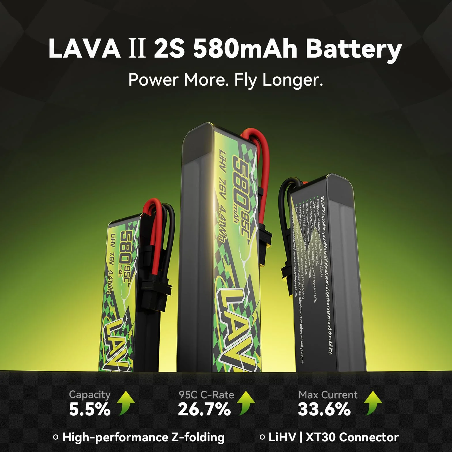 BETAFPV 2pcs LAVA II 2S 580mAh Battery 7.6V 95C LiHV Lipo with XT30 Connector JST-XH2.54 Charge Plug Compatible for Brushless Whoop Drone Quadcopter like Pavo Pico II, Pavo Femto