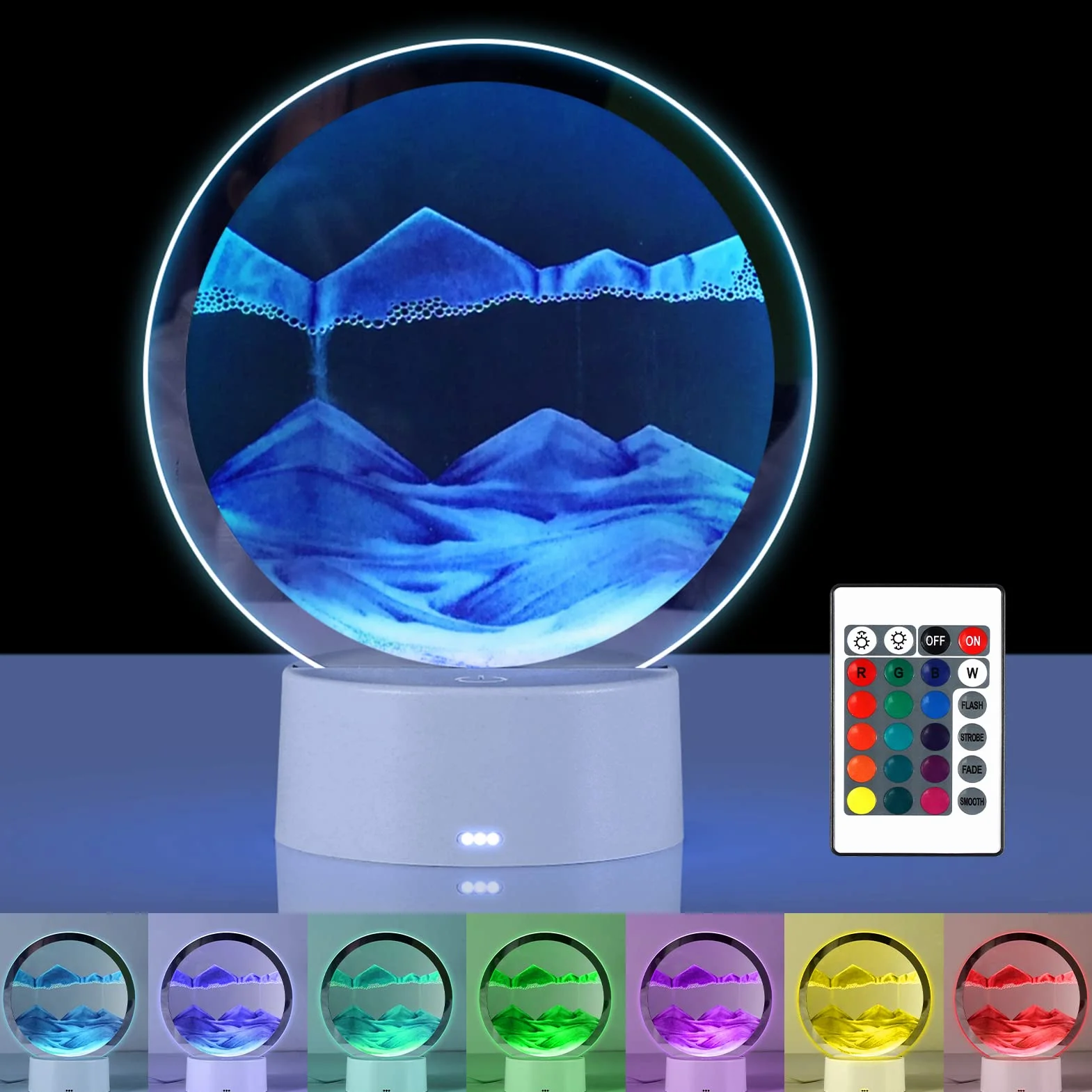 Joycabin Immagine artistica 3D con sabbia mobile, lampada da scrivania con pittura a sabbia fluente, luci a clessidra rotanti a 360° con telecomando, luce notturna rotonda in vetro per casa ufficio