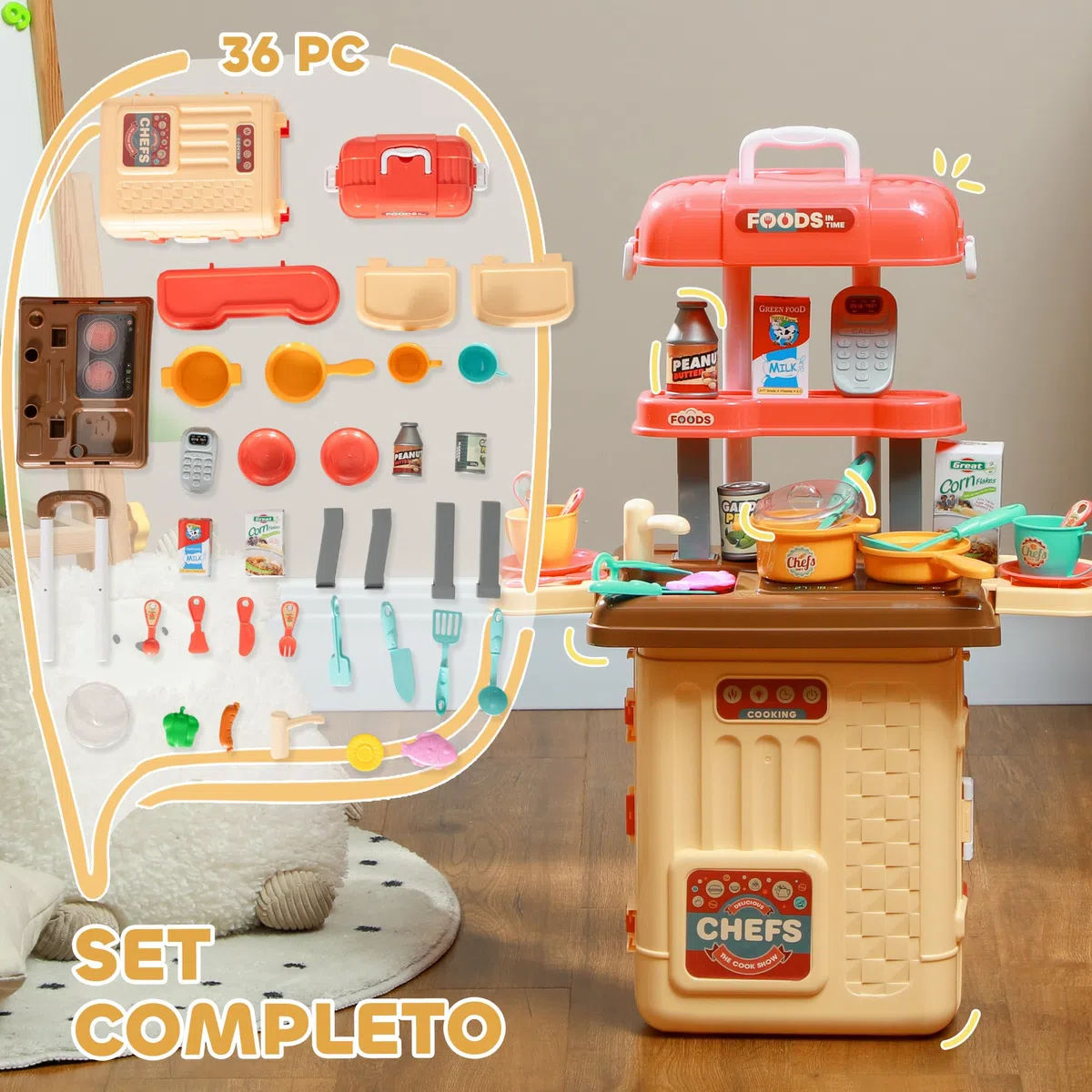 AIYAPLAY Gioco per Bambini 3 in 1 da 36 Pezzi con Tavolo per Posate, Tavolo da Pranzo e Trolley, Cucina Giocattolo in PP e ABS, 48x26x64 cm, Multicolore