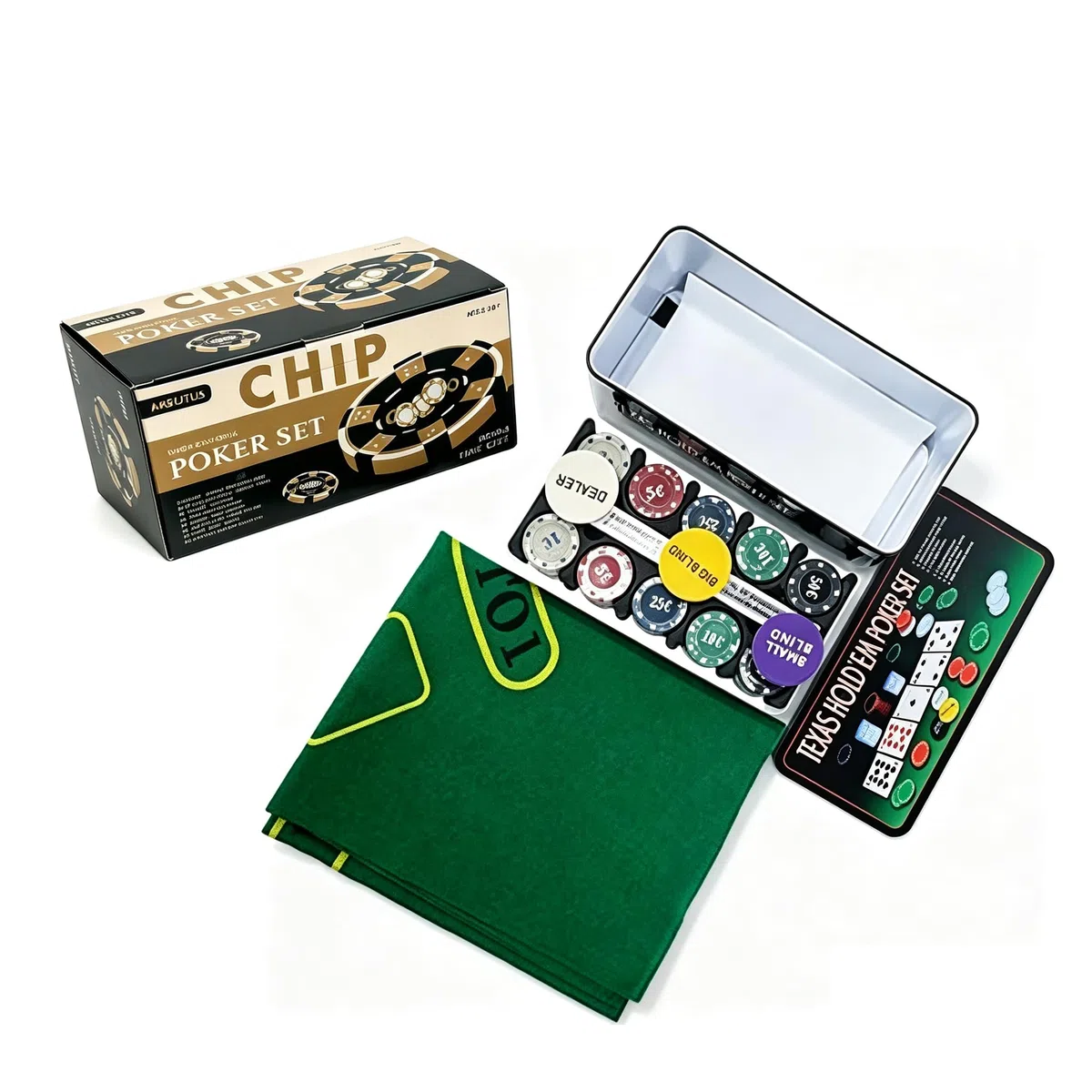 ISDI Set da poker in metallo, 200 fiches da poker, 2 mazzi, pulsante dealer, piccolo cieco, big blind, tappetino da gioco