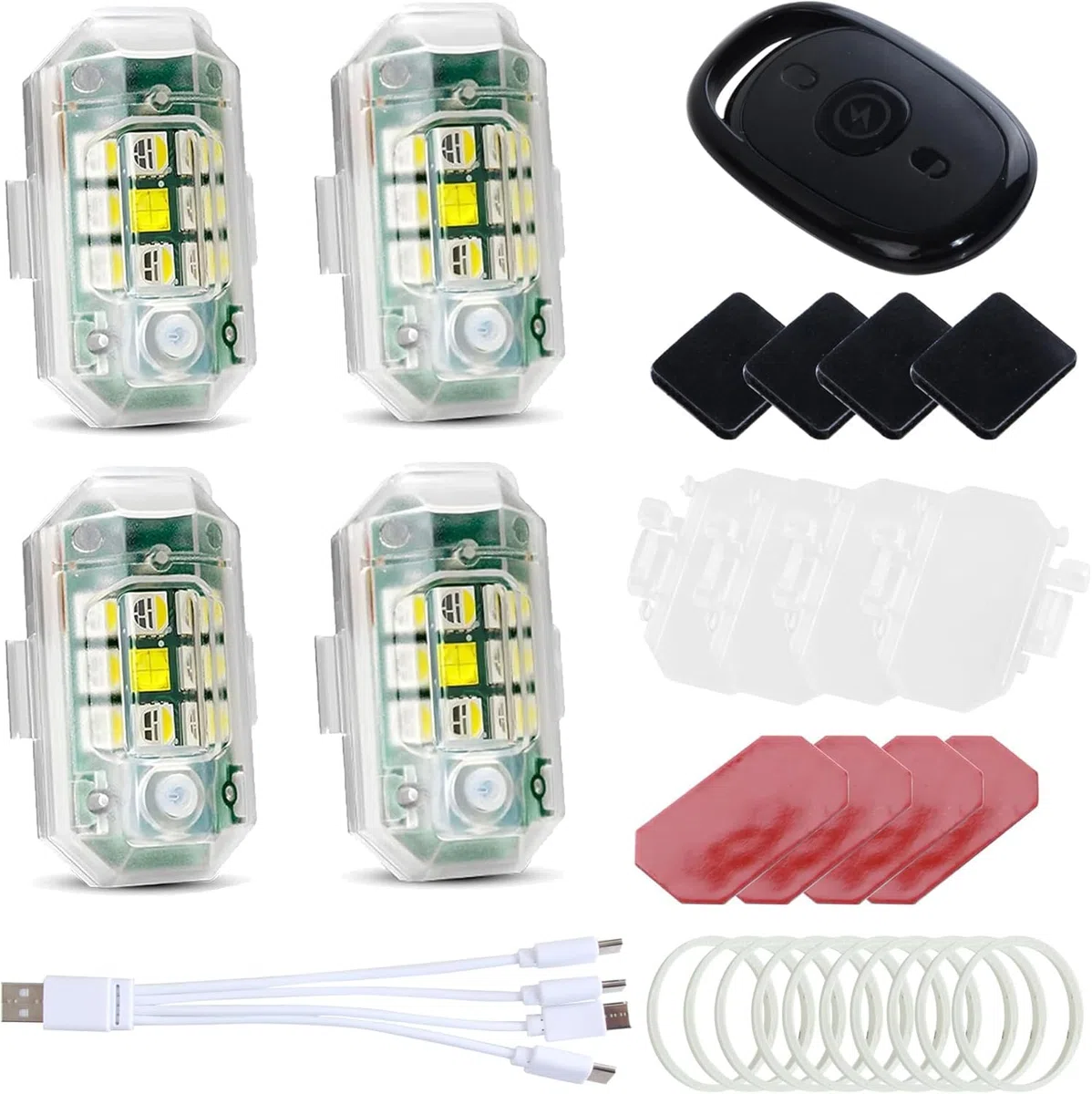 4 Luci Strobe LED Wireless con Telecomando - 7 Colori, Alta Luminosità, Ricaricabili USB, per Auto, Moto, Drone