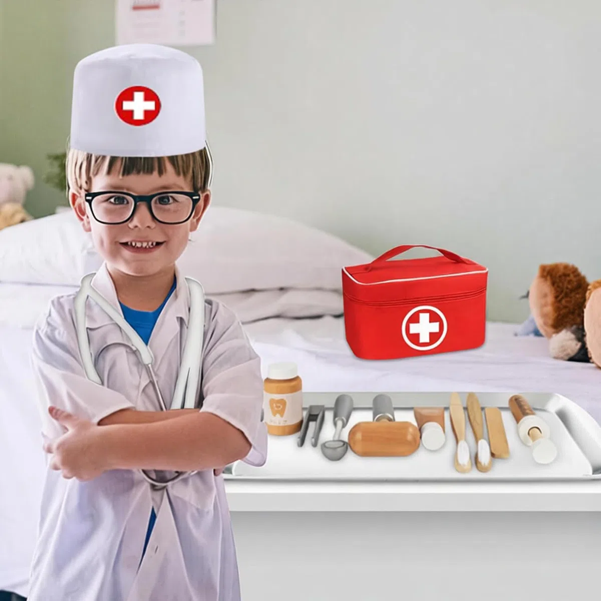 Valigetta Dottore Bambini Legno con vero Stetoscopio Borsa Dottore Gioco Attrezzo Medico Giocattolo a Partire dai 3 4 5 6 Anni