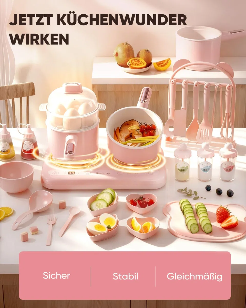 BICRET Set da cucina elettrica per bambini con doppio fuoco, accessori completi, include utensili da cucina e coltello da chef sicuro, per bambini dagli 8 ai 12 anni (rosa)