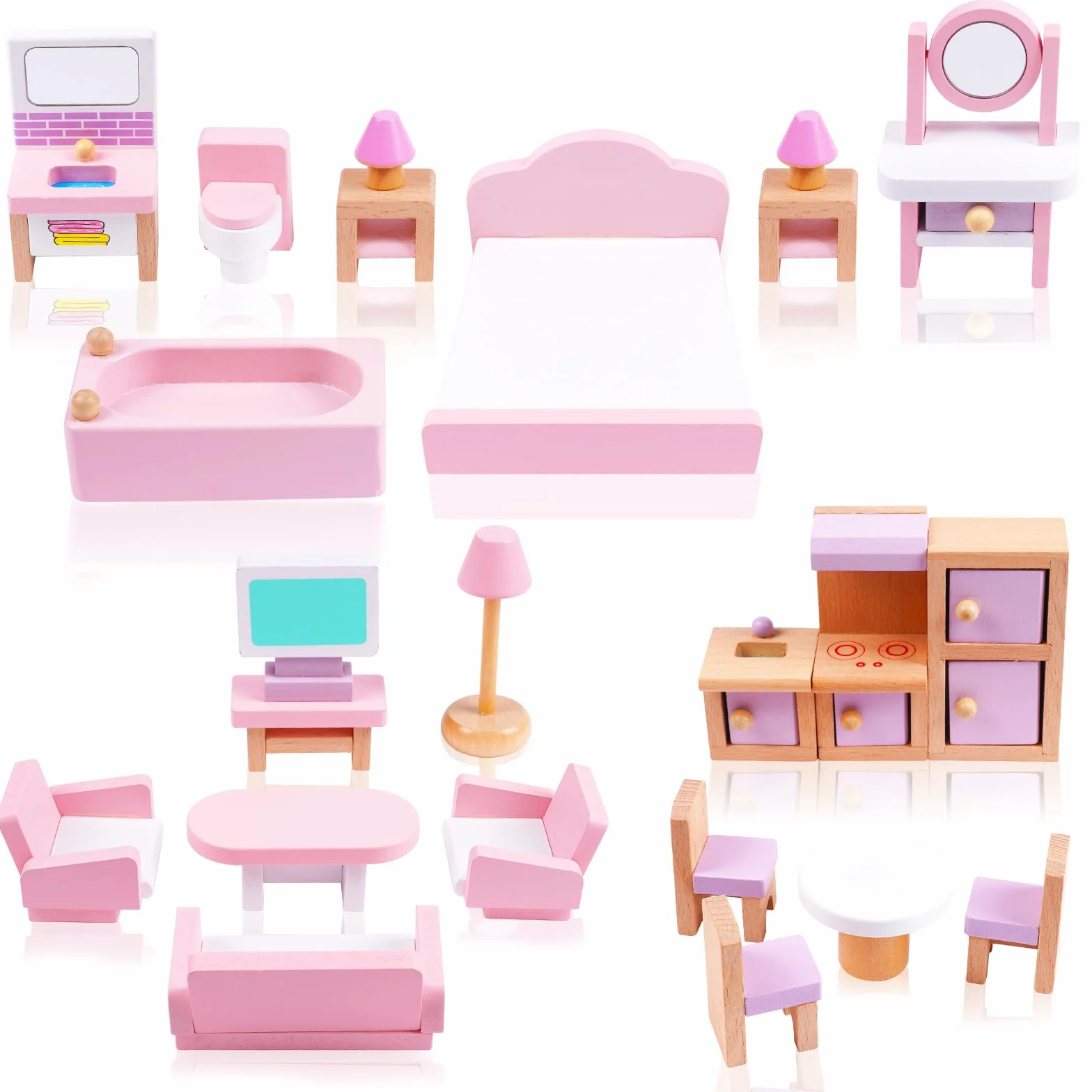 HOTUT Casa Bambole Mobili in Legno, 22 Mini Mobili Accessori Casa delle Bambole, Set di 8 Figure di Piccole Persone Famiglia, con Soggiorno Regalo Giocattolo per Bambini