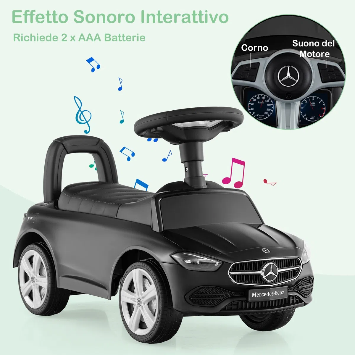 COSTWAY Mercedes Benz Macchinina Cavalcabile a Spinta per Bambini, Auto da Gioco con Volante Clacson e Suono, Spazio di Archiviazione, Auto a Spinta per bambini 1-3 Anni (Nero)