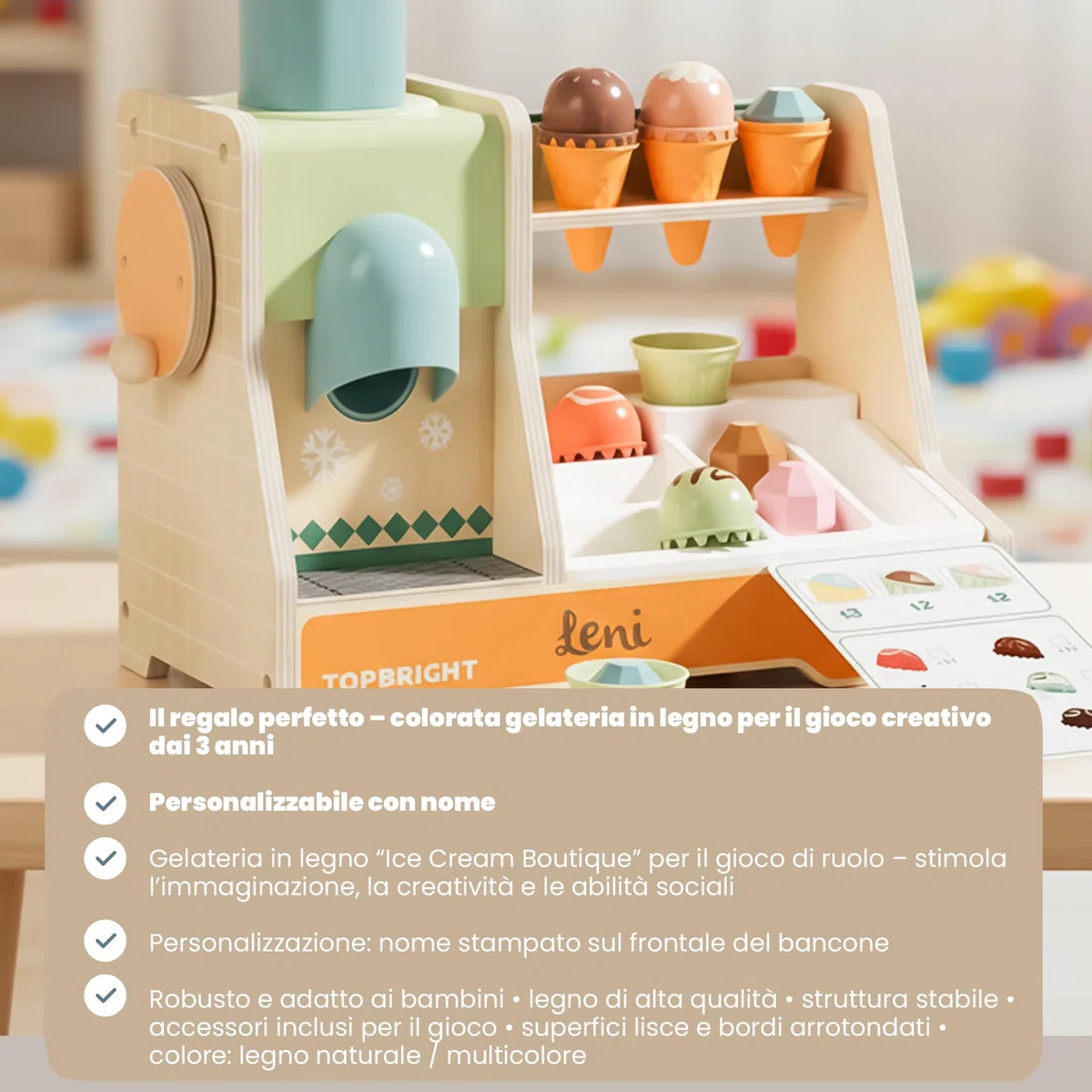 Personalizzabile Gelateria in legno “Negozio di Gelati” – Gioco del negozio & gioco di ruolo – per bambini dai 3 anni in su – personalizzato con nome – TOPBRIGHT