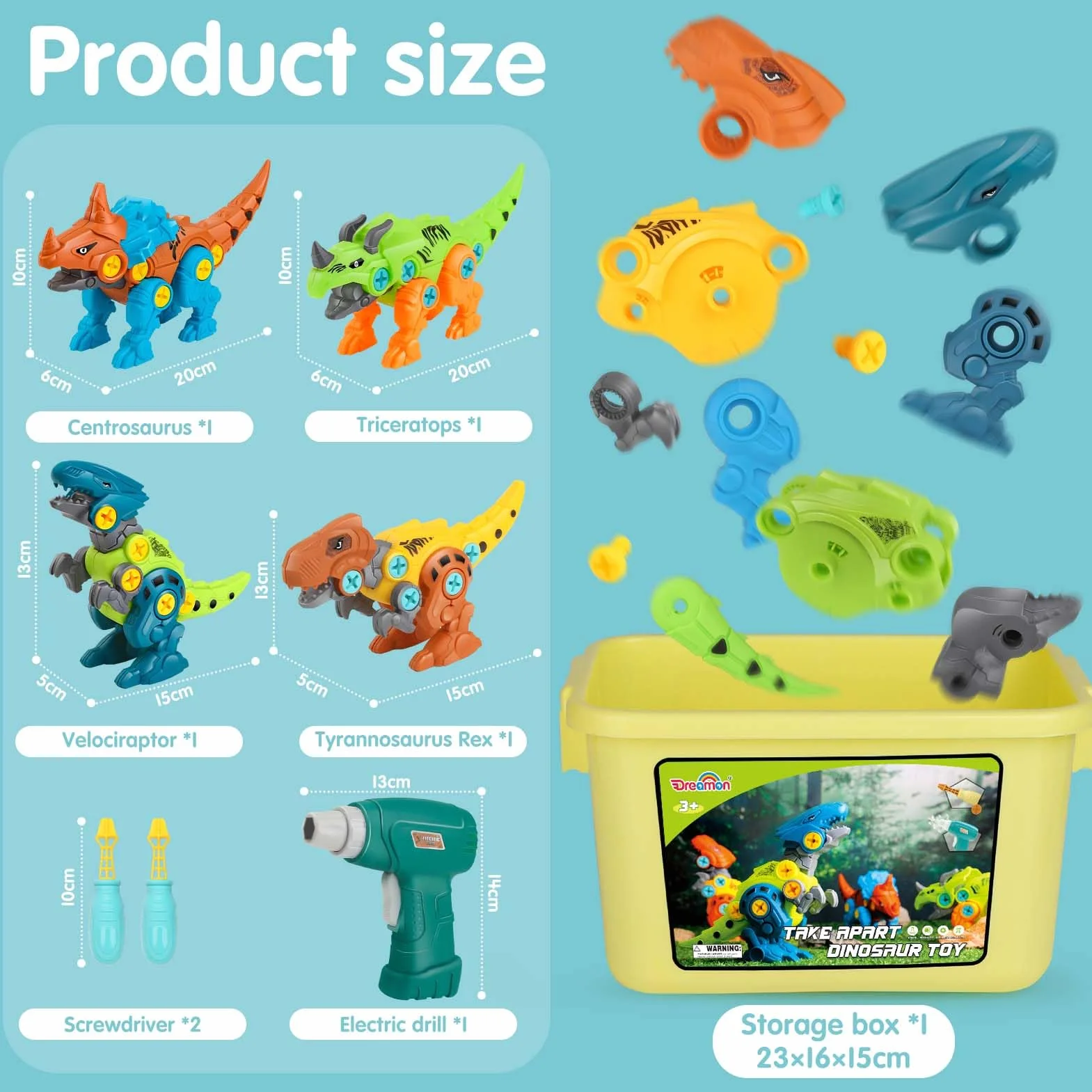Dreamon Dinosauri Per Bambini 3 4 5 6 7 8 Anni Dinosauro Giocattolo con Scatola Portaoggetti Trapano Elettrico Costruzioni Giocattoli Puzzle Regalo per Ragazzi Ragazze